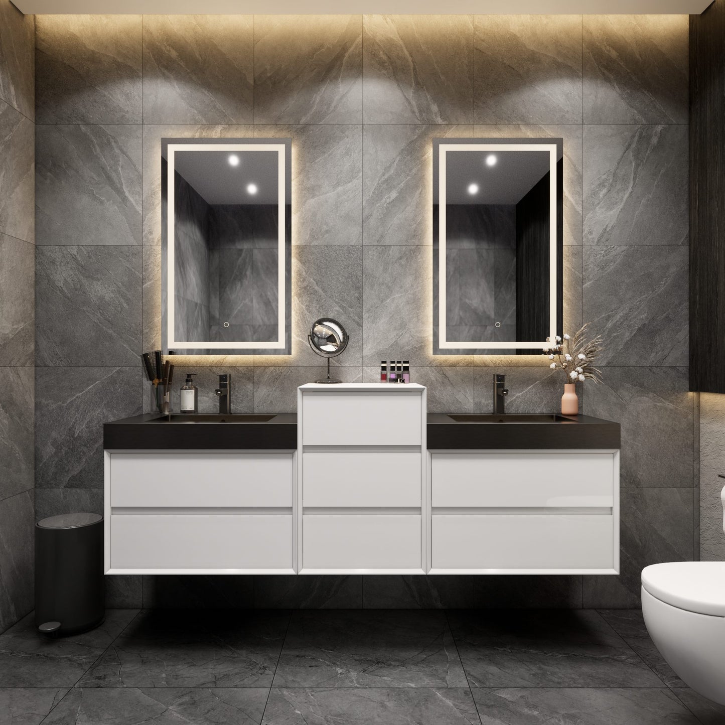 Max 80" Gloss White Floating Wall-Mounted Bathroom Vanity Sink and Middle Cabinet with Max Black Stainless Steel Double Sink | Better Vanity Modern Minimal Luxury Bathroom Vanities | Los Angeles, CA USA