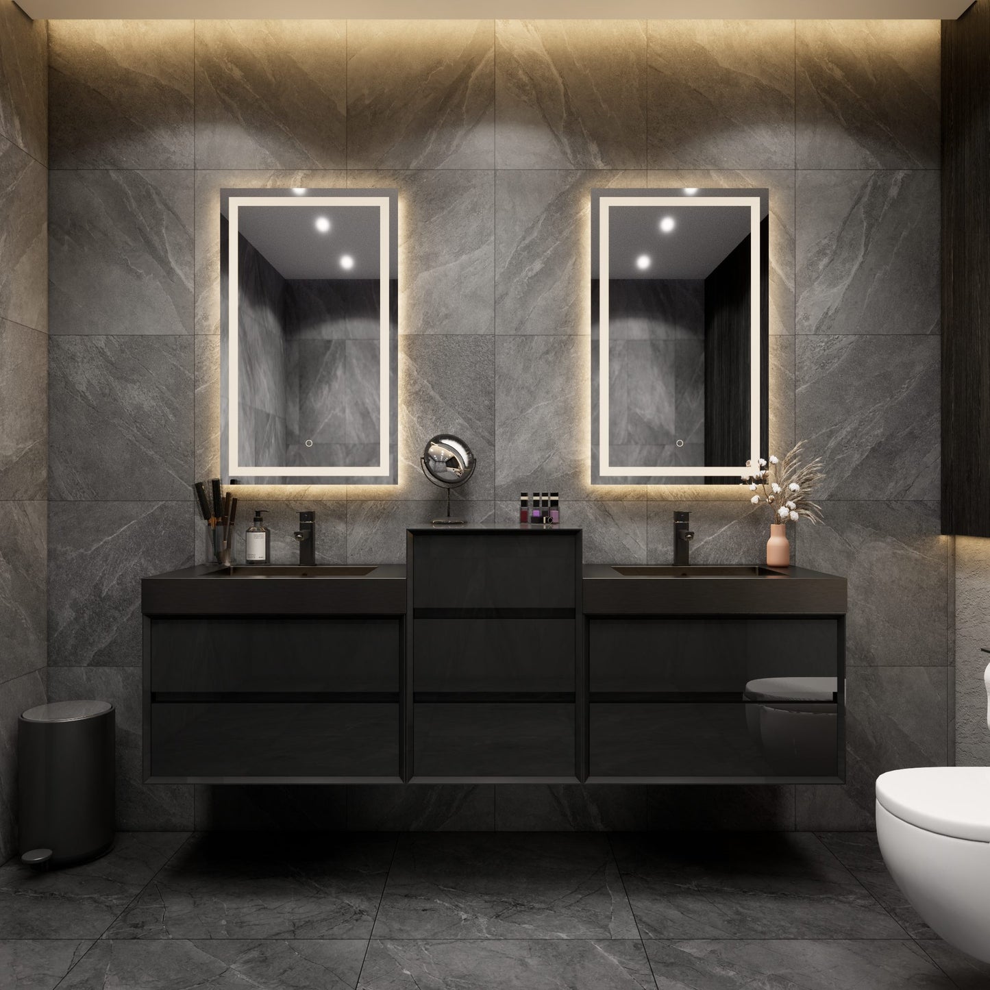 Max 80" Gloss Black Floating Wall-Mounted Bathroom Vanity Sink and Middle Cabinet with Max Black Stainless Steel Double Sink | Better Vanity Modern Minimal Luxury Bathroom Vanities | Los Angeles, CA USA