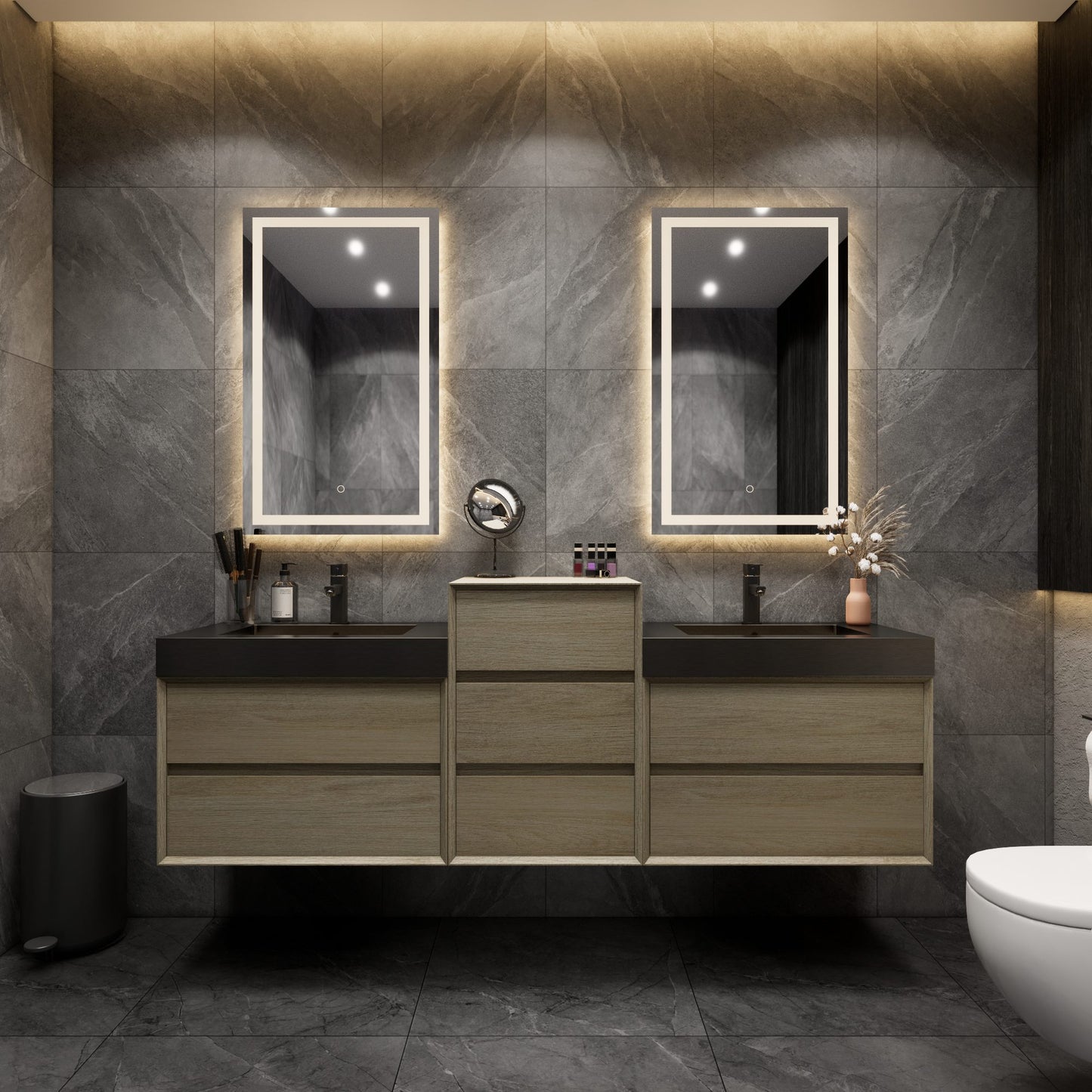 Max 80" Coffee Wood Floating Wall-Mounted Bathroom Vanity Sink and Middle Cabinet with Max Black Stainless Steel Double Sink | Better Vanity Modern Minimal Luxury Bathroom Vanities | Los Angeles, CA USA