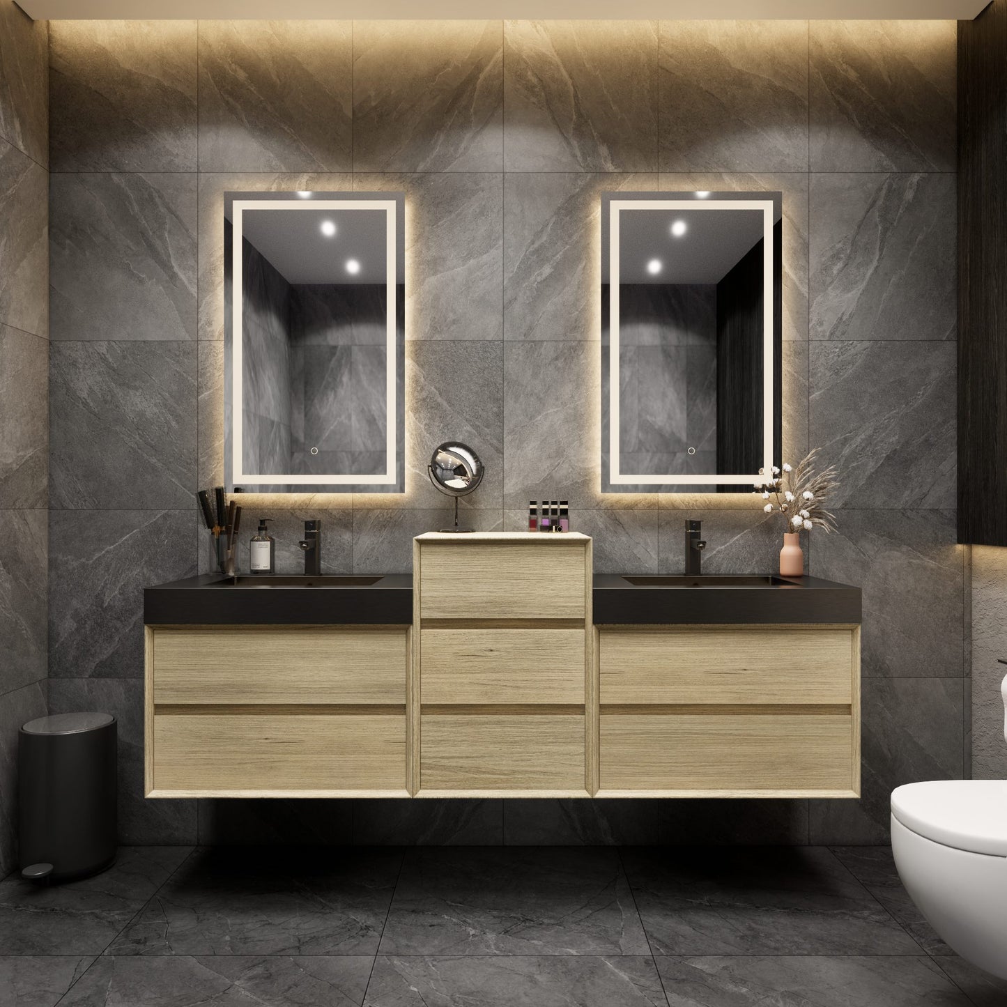 Max 80" Teak Oak Floating Wall-Mounted Bathroom Vanity Sink and Middle Cabinet with Max Black Stainless Steel Double Sink | Better Vanity Modern Minimal Luxury Bathroom Vanities | Los Angeles, CA USA