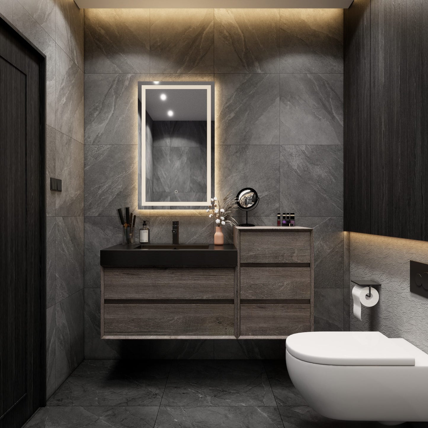 Max 55" Gray Oak Floating Wall-Mounted Bathroom Vanity Sink with Max Black Stainless Steel Sink and Side Cabinet | Better Vanity Modern Minimal Luxury Bathroom Vanities | Los Angeles, CA USA