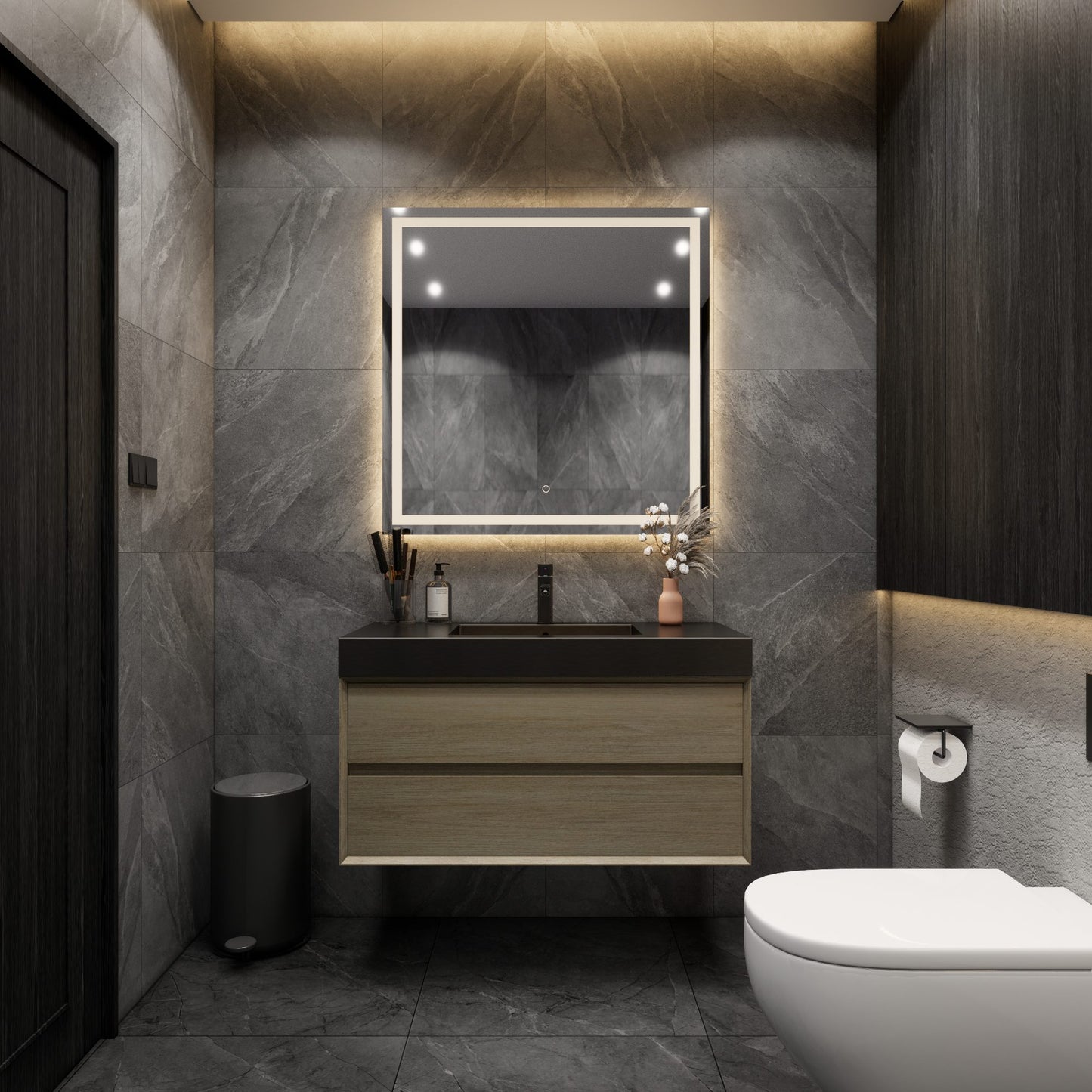 Max 42" Coffee Wood Floating Wall-Mounted Bathroom Vanity Sink with Max Black Stainless Steel Sink | Better Vanity Modern Minimal Luxury Bathroom Vanities | Los Angeles, CA USA
