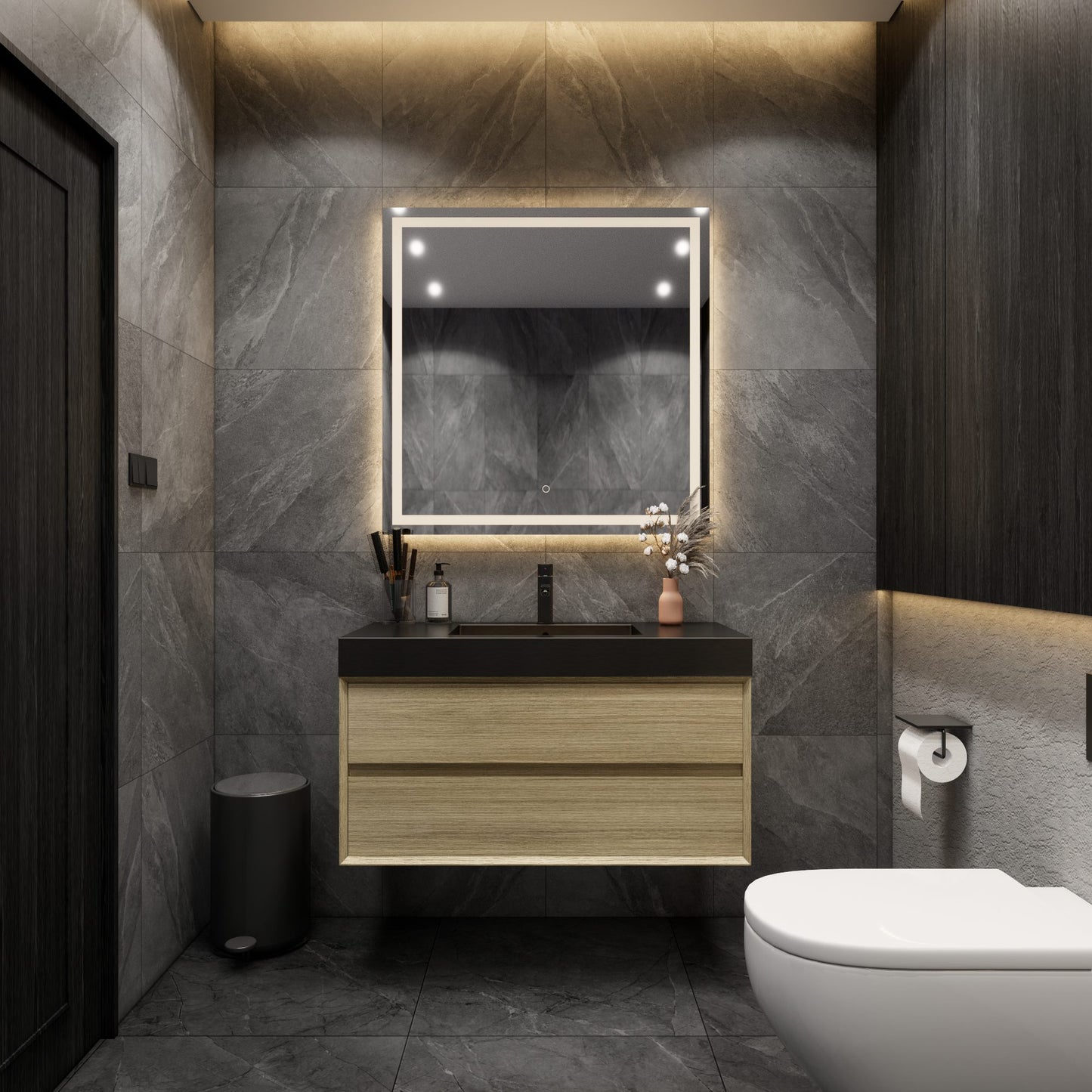 Max 42" Teak Oak Floating Wall-Mounted Bathroom Vanity Sink with Max Black Stainless Steel Sink | Better Vanity Modern Minimal Luxury Bathroom Vanities | Los Angeles, CA USA