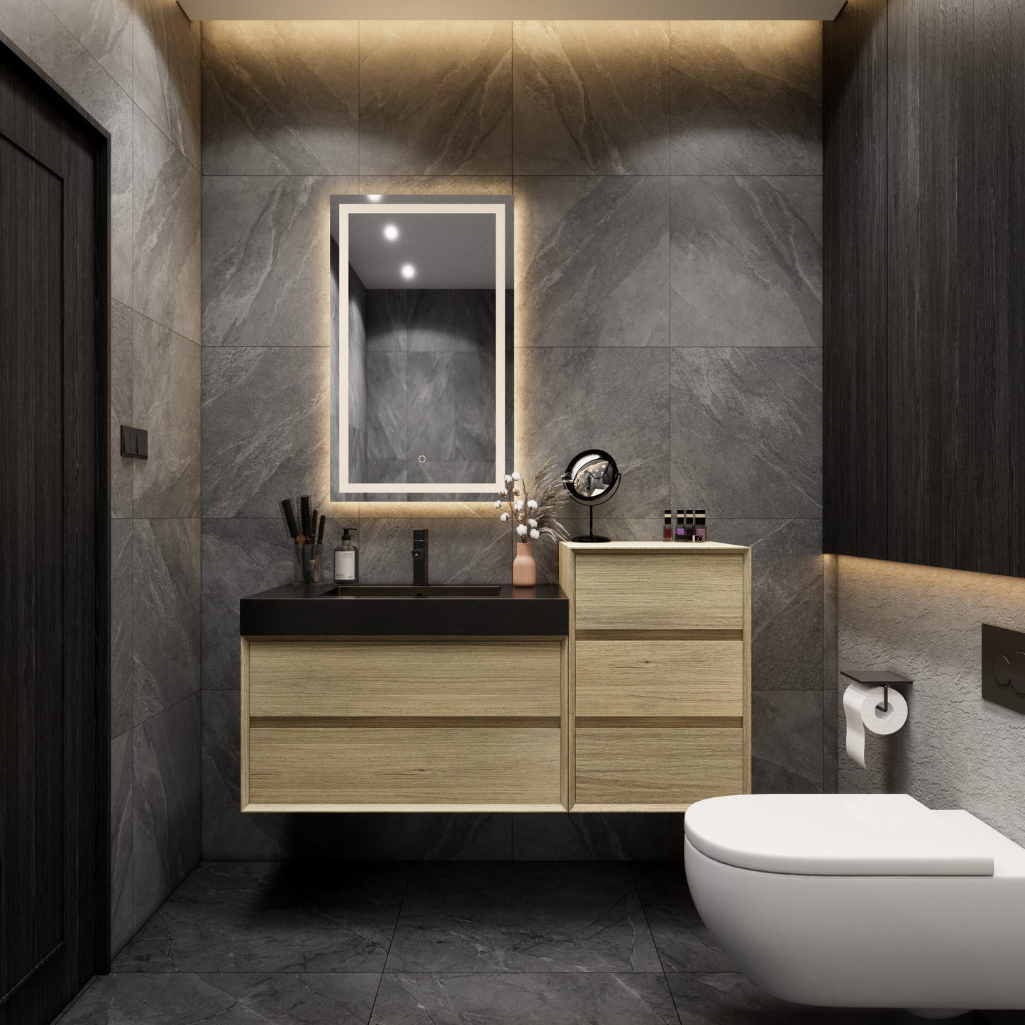 Max 62" Teak Oak Floating Wall-Mounted Bathroom Vanity Sink and Side Cabinet with Max Black Stainless Steel Sink | Better Vanity Modern Minimal Luxury Bathroom Vanities | Los Angeles, CA USA