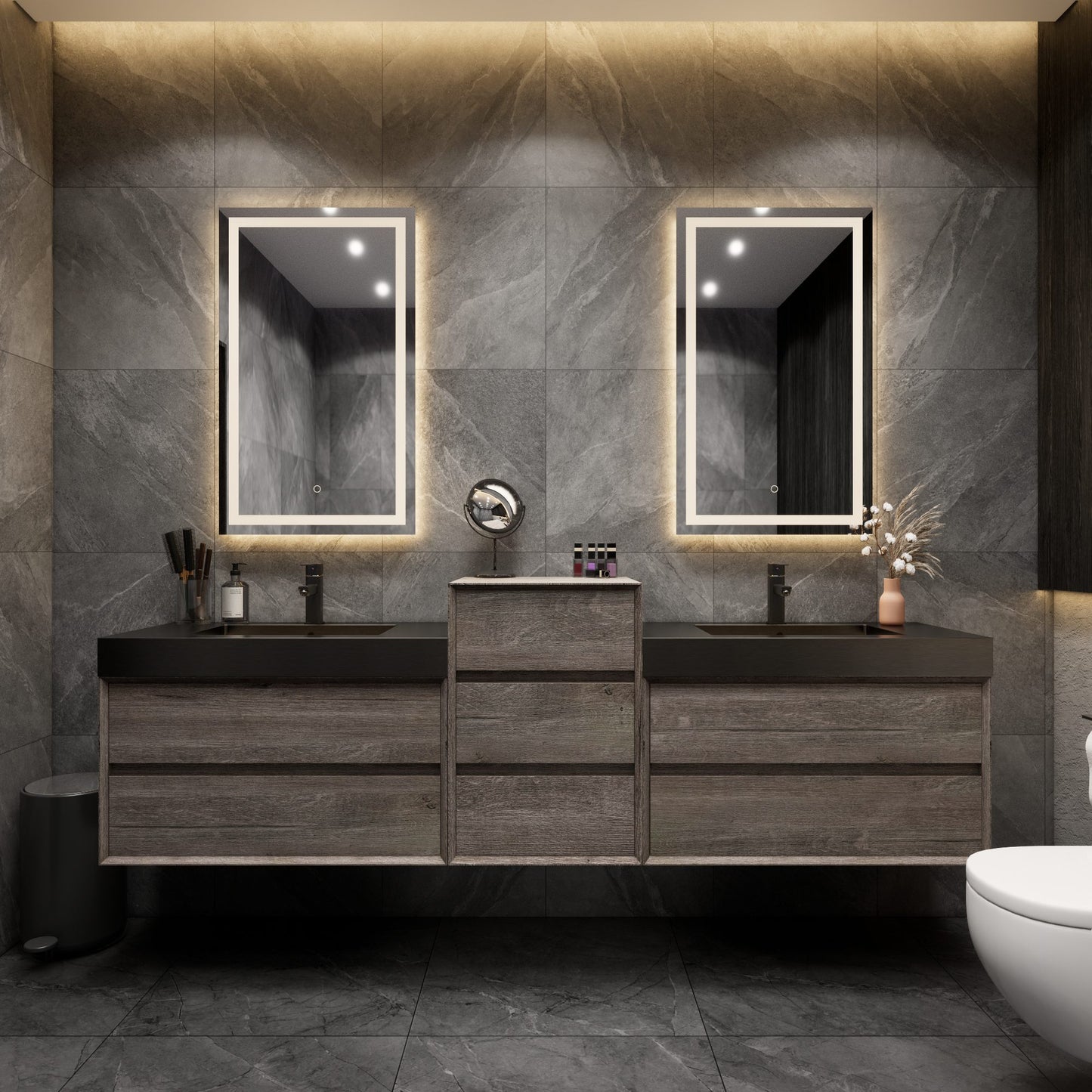 Max 104" Gray Oak Floating Wall-Mounted Bathroom Vanity Sink and Middle Cabinet with Max Black Stainless Steel Double Sink | Better Vanity Modern Minimal Luxury Bathroom Vanities | Los Angeles, CA USA