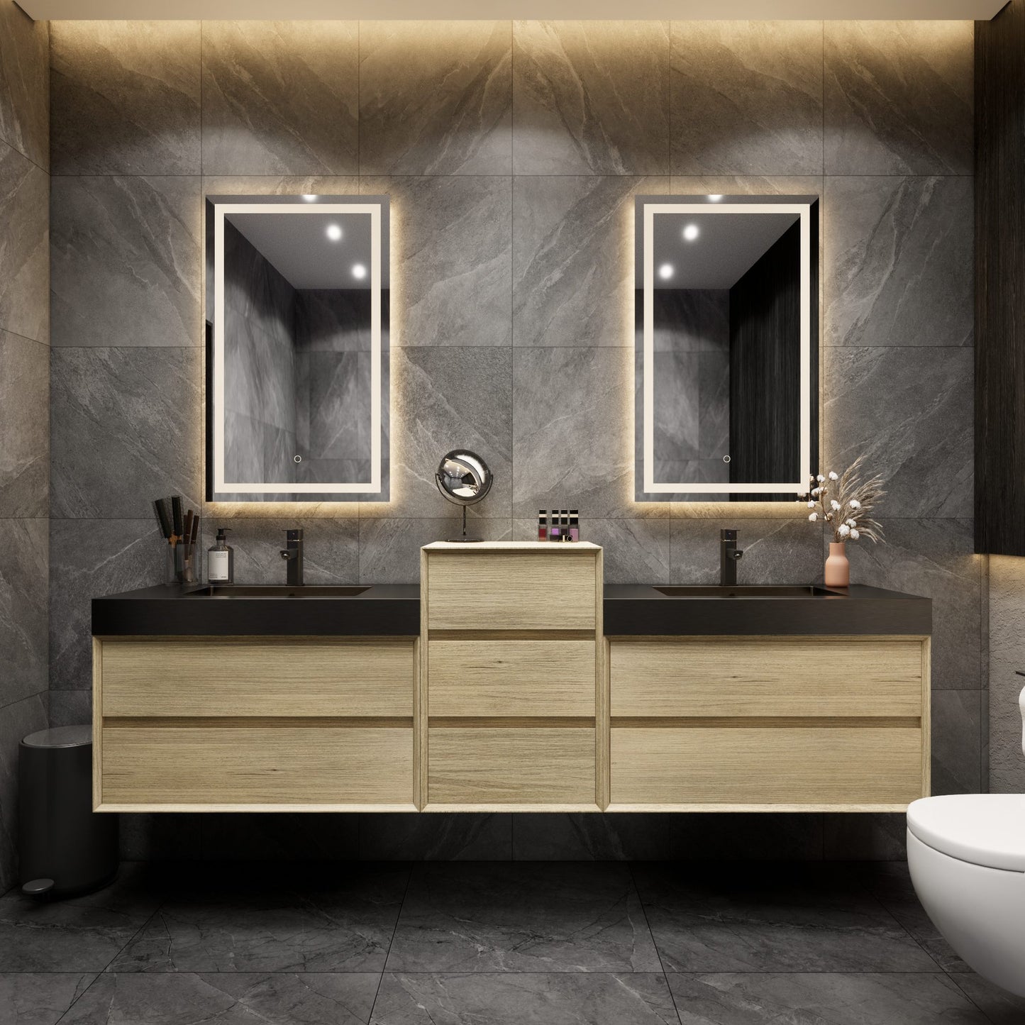 Max 104" Teak Oak Floating Wall-Mounted Bathroom Vanity Sink and Middle Cabinet with Max Black Stainless Steel Double Sink | Better Vanity Modern Minimal Luxury Bathroom Vanities | Los Angeles, CA USA