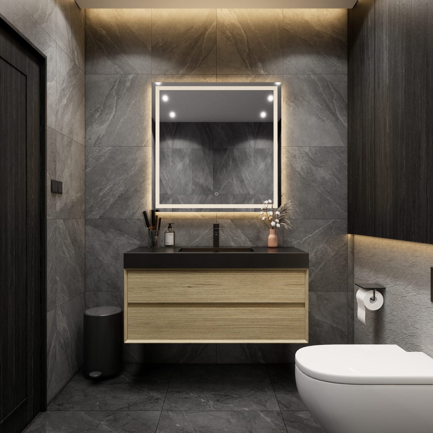 Max 48" Teak Oak Floating Wall-Mounted Bathroom Vanity Sink with Max Black Stainless Steel Sink | Better Vanity Modern Minimal Luxury Bathroom Vanities | Los Angeles, CA USA