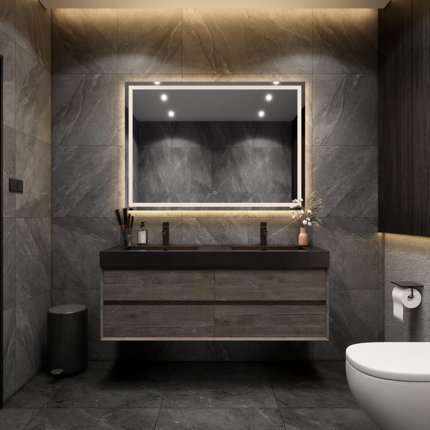 Max 60" Gray Oak Floating Wall-Mounted Bathroom Vanity Sink with Max Black Stainless Steel Double Sink | Better Vanity Modern Minimal Luxury Bathroom Vanities | Los Angeles, CA USA