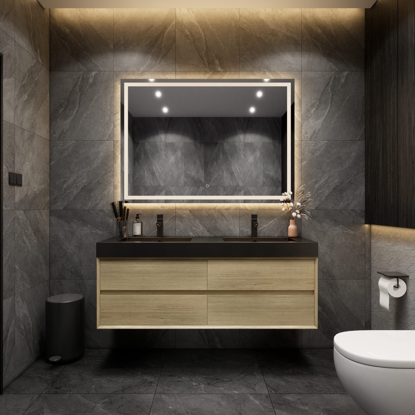 Max 60" Teak Oak Floating Wall-Mounted Bathroom Vanity Sink with Max Black Stainless Steel Double Sink | Better Vanity Modern Minimal Luxury Bathroom Vanities | Los Angeles, CA USA