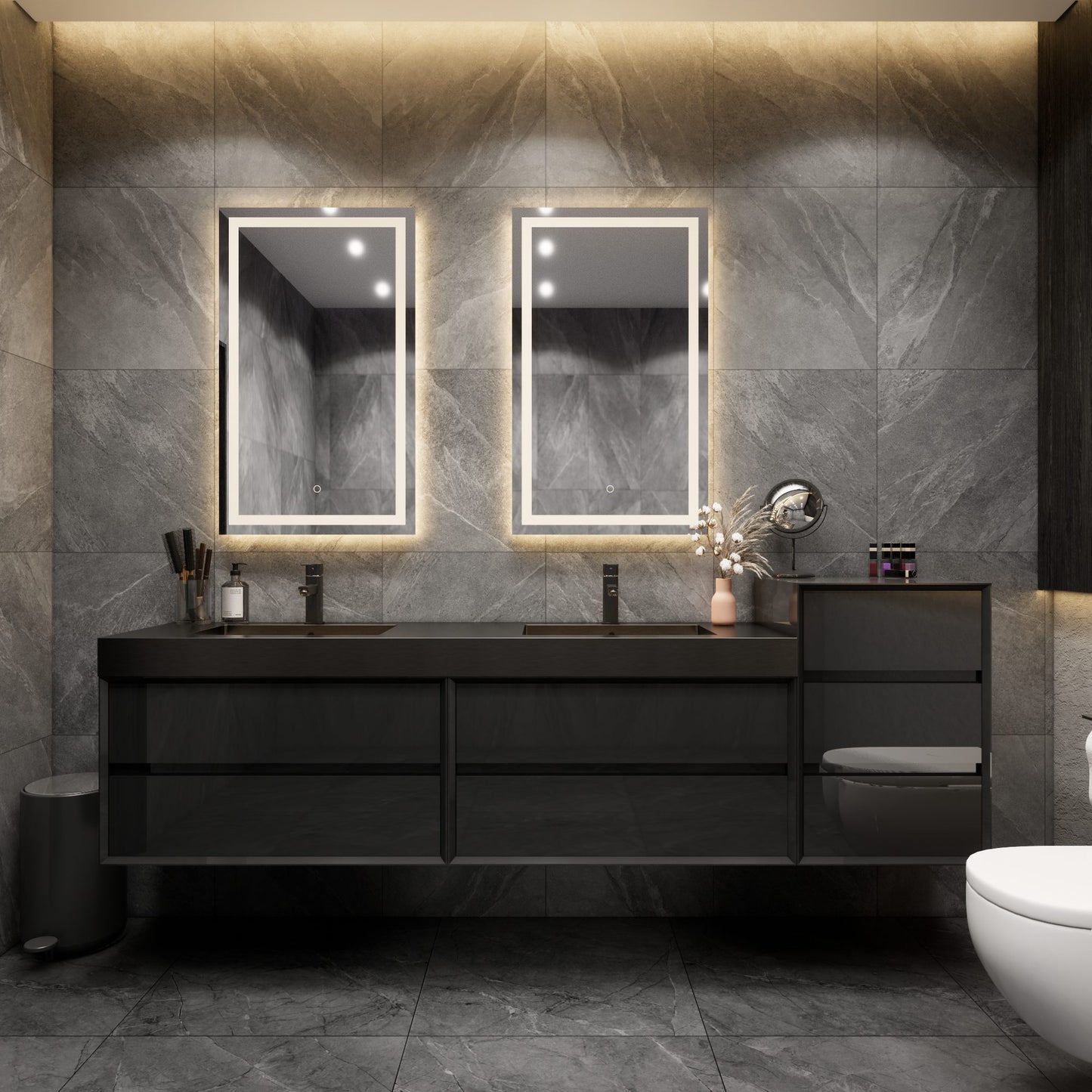 Max 80" Gloss Black Floating Wall-Mounted Bathroom Vanity Sink and Side Cabinet with Max Black Stainless Steel Double Sink | Better Vanity Modern Minimal Luxury Bathroom Vanities | Los Angeles, CA USA