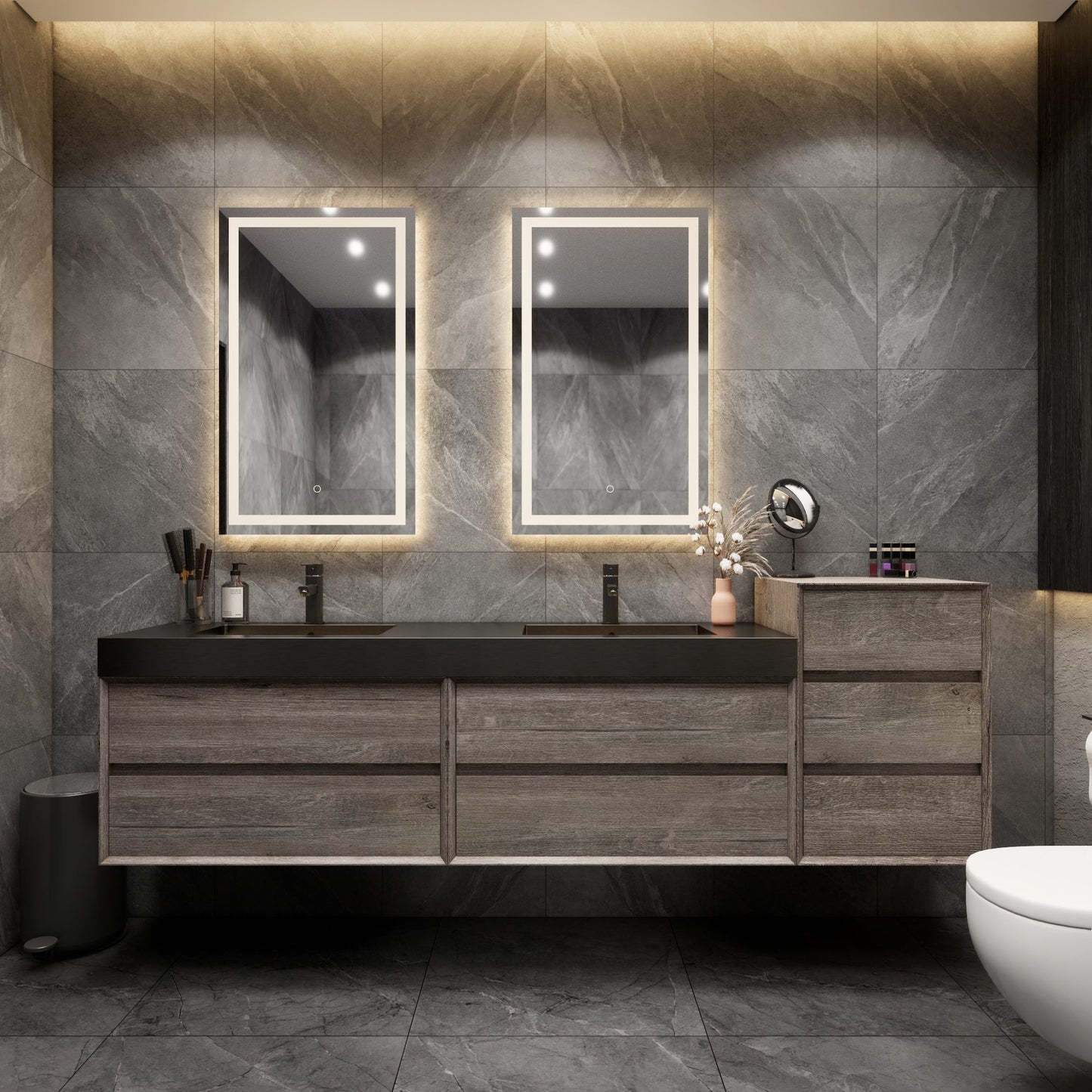Max 80" Gray Oak Floating Wall-Mounted Bathroom Vanity Sink and Side Cabinet with Max Black Stainless Steel Double Sink | Better Vanity Modern Minimal Luxury Bathroom Vanities | Los Angeles, CA USA