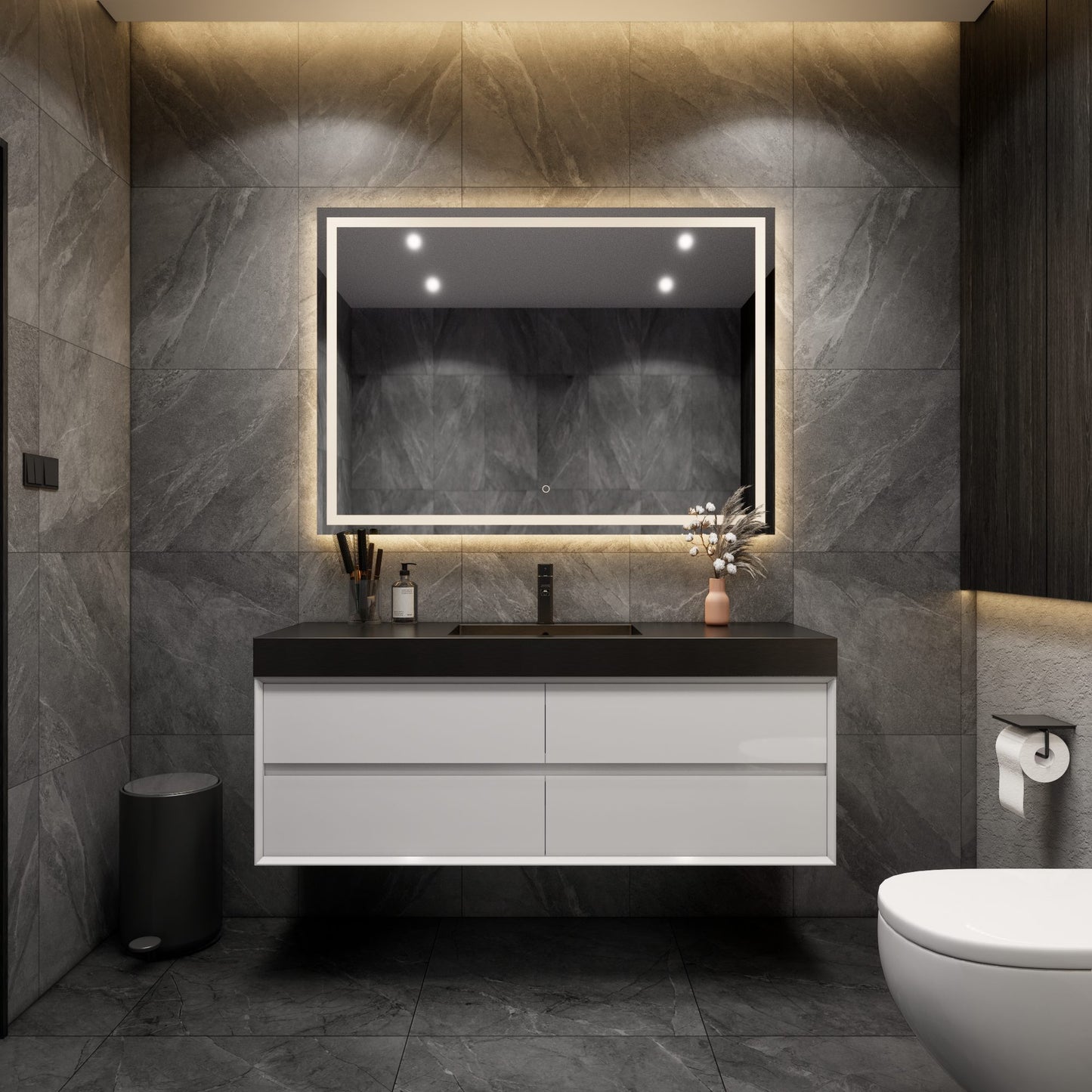 Max 60" Gloss White Floating Wall-Mounted Bathroom Vanity Sink with Max Black Stainless Steel Sink | Better Vanity Modern Minimal Luxury Bathroom Vanities | Los Angeles, CA USA