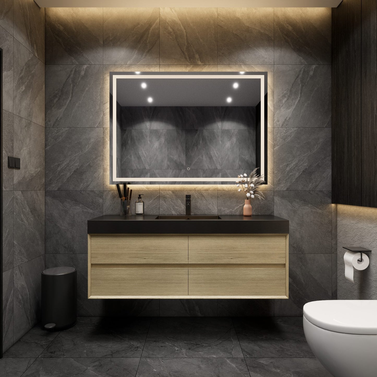 Max 60" Teak Oak Floating Wall-Mounted Bathroom Vanity Sink with Max Black Stainless Steel Sink | Better Vanity Modern Minimal Luxury Bathroom Vanities | Los Angeles, CA USA