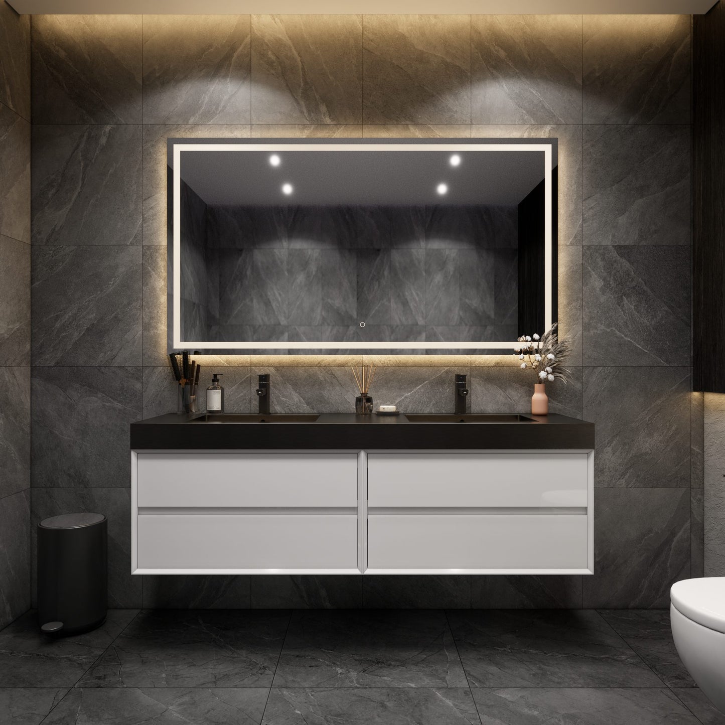 Max 72" Gloss White Floating Wall-Mounted Bathroom Vanity Sink and Cabinet with Max Black Stainless Steel Double Sink | Better Vanity Modern Minimal Luxury Bathroom Vanities | Los Angeles, CA USA