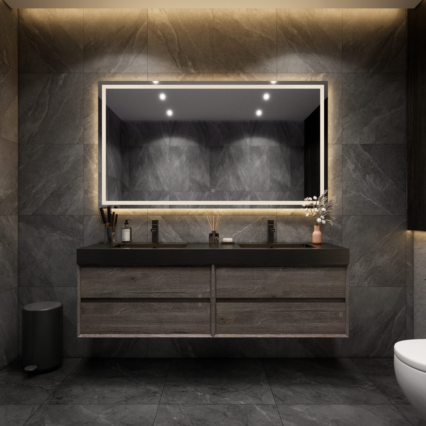 Max 72" Gray Oak Floating Wall-Mounted Bathroom Vanity Sink and Cabinet with Max Black Stainless Steel Double Sink | Better Vanity Modern Minimal Luxury Bathroom Vanities | Los Angeles, CA USA