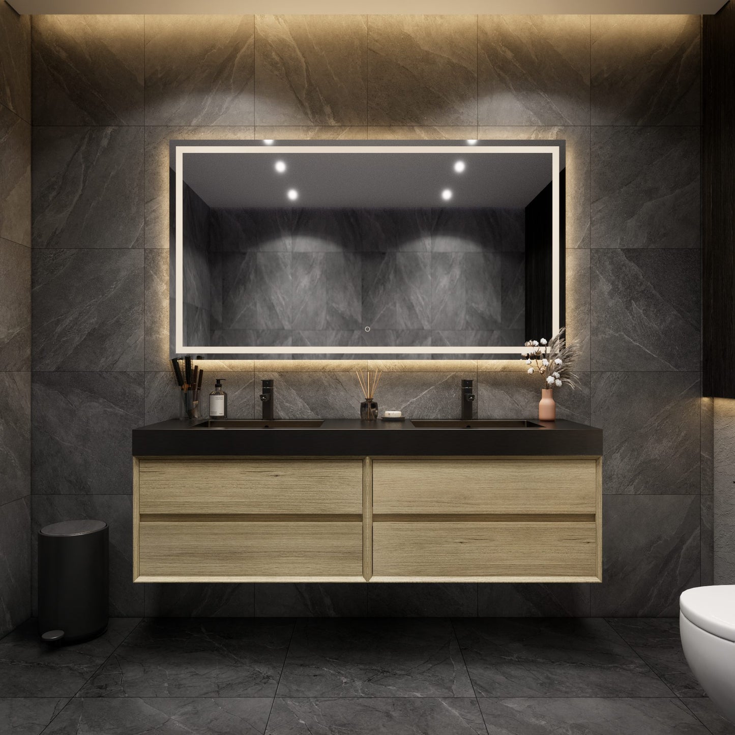 Max 72" Teak Oak Floating Wall-Mounted Bathroom Vanity Sink and Cabinet with Max Black Stainless Steel Double Sink | Better Vanity Modern Minimal Luxury Bathroom Vanities | Los Angeles, CA USA
