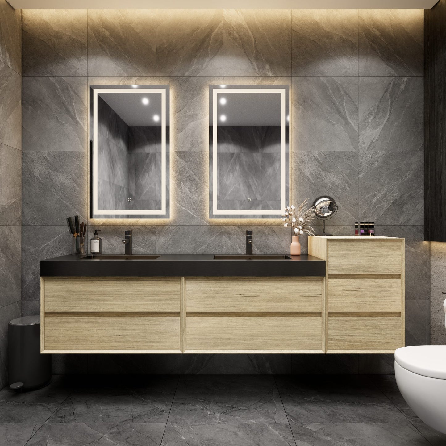 Max 104" Teak Oak Floating Wall-Mounted Bathroom Vanity Sink and Side Cabinet with Max Black Stainless Steel Double Sink | Better Vanity Modern Minimal Luxury Bathroom Vanities | Los Angeles, CA USA
