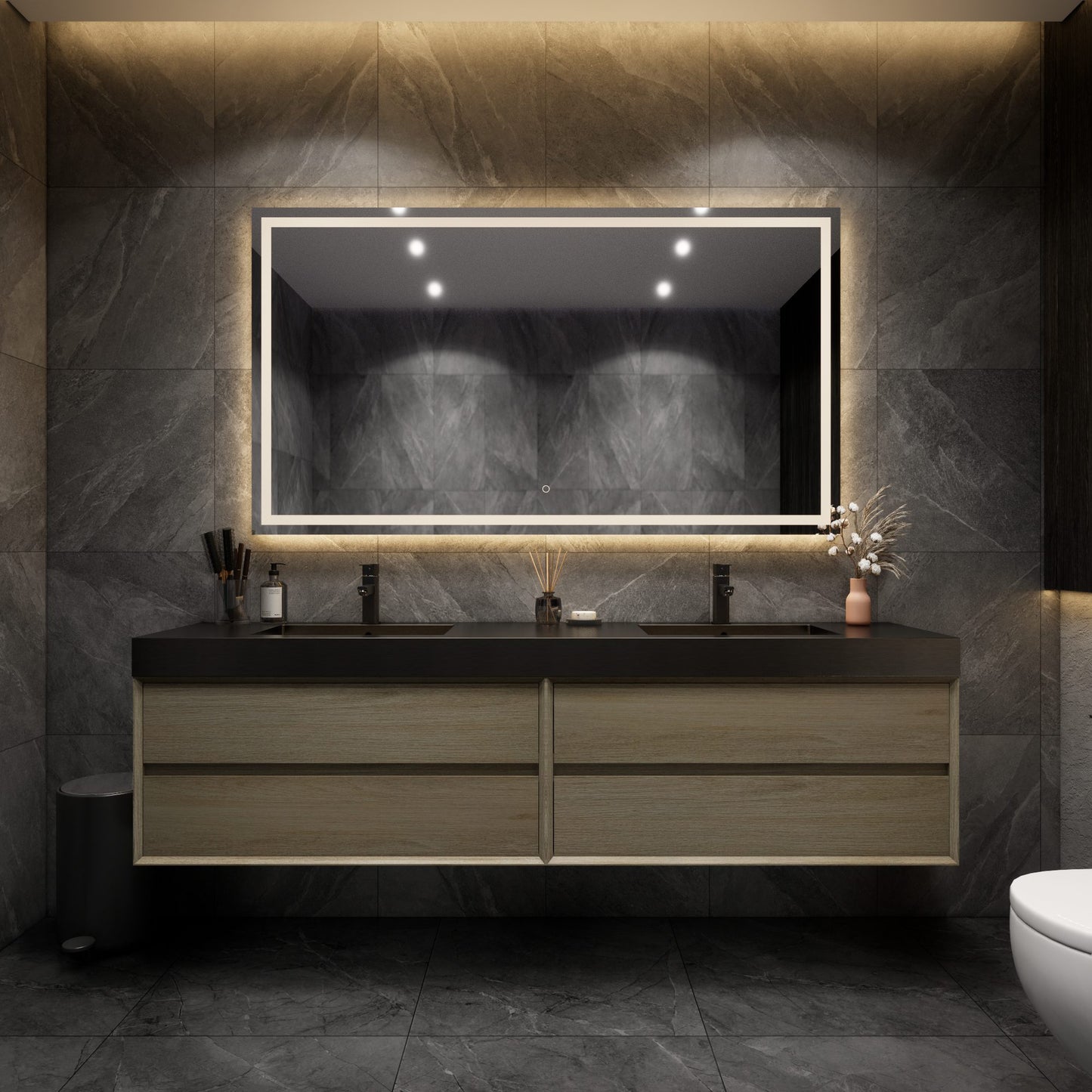 Max 84" Coffee Wood Floating Wall-Mounted Bathroom Vanity Sink and Cabinet with Max Black Stainless Steel Double Sink | Better Vanity Modern Minimal Luxury Bathroom Vanities | Los Angeles, CA USA