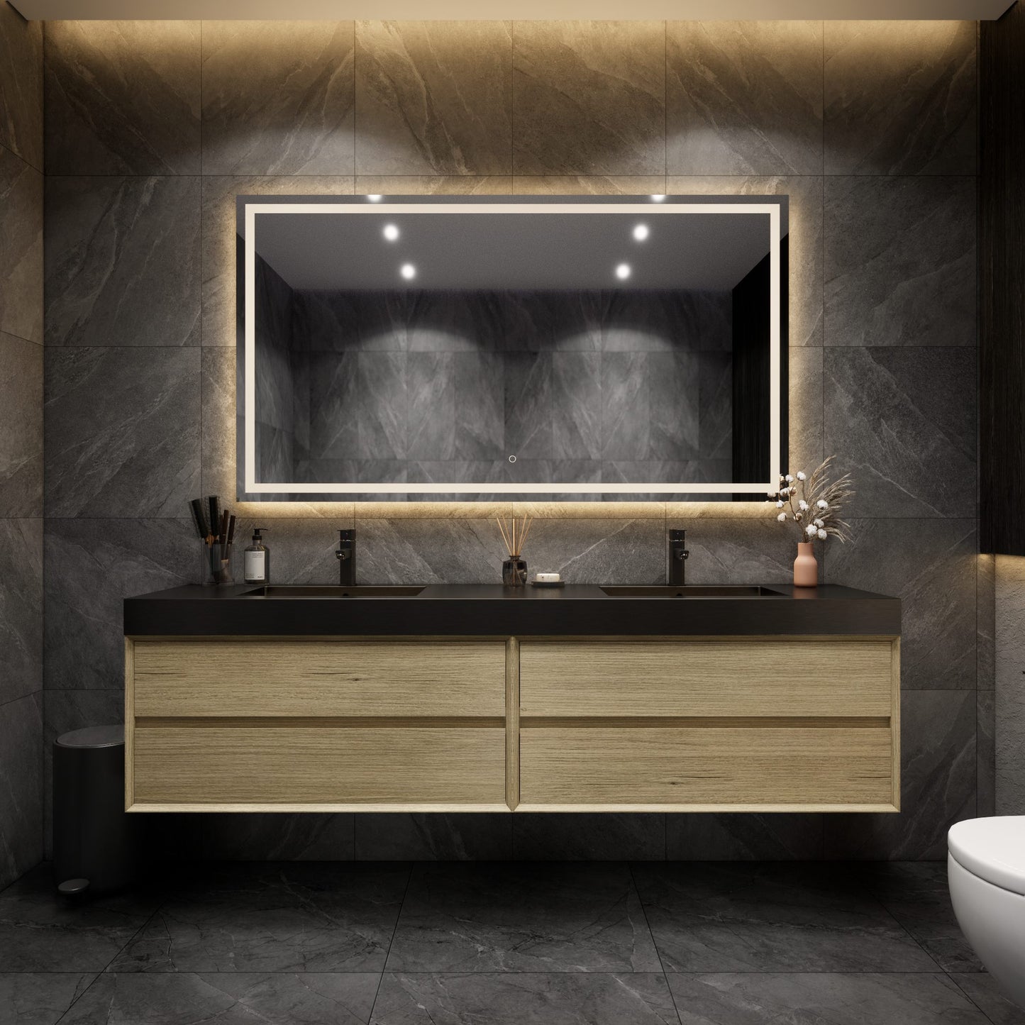 Max 84" Teak Oak Floating Wall-Mounted Bathroom Vanity Sink and Cabinet with Max Black Stainless Steel Double Sink | Better Vanity Modern Minimal Luxury Bathroom Vanities | Los Angeles, CA USA