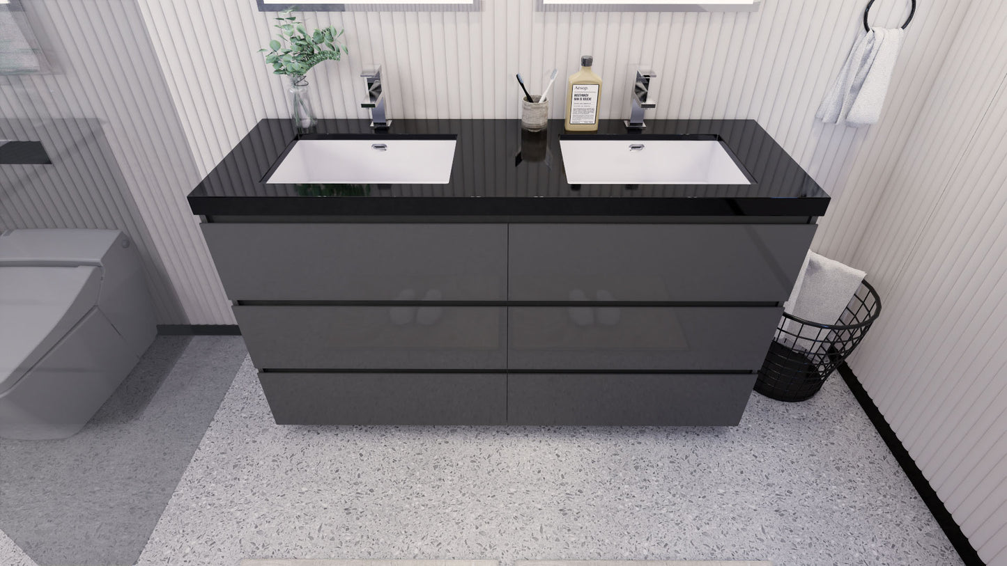 Stanley 60" High Gloss Gray Freestanding Vanity with Reinforced Acrylic Sinks