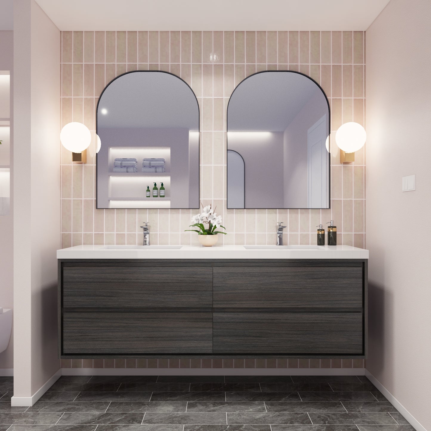 Saggia 72" Floating Vanity with Double Sink Set in Dark Gray Oak