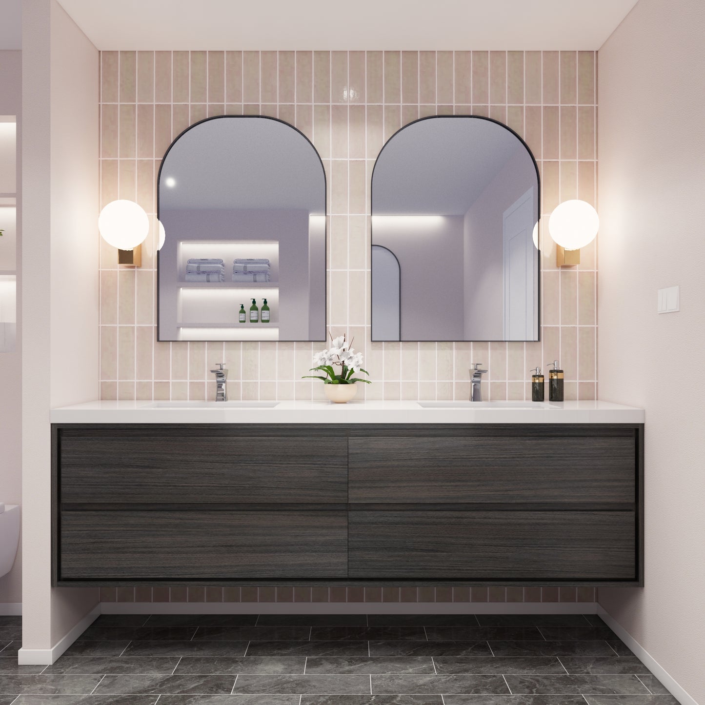 Saggia 84" Floating Vanity with Double Sink Set in Dark Gray Oak