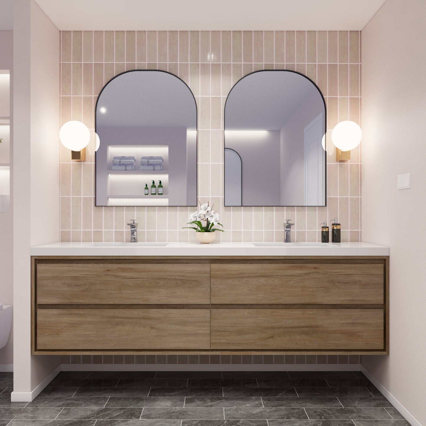 Saggia 84" Floating Vanity with Double Sink Set in White Oak