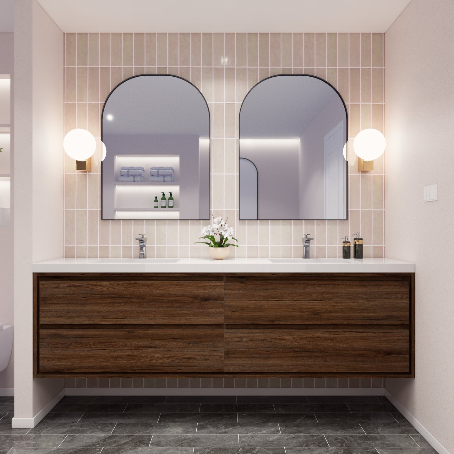 Saggia 84" Floating Vanity with Double Sink Set in Rosewood