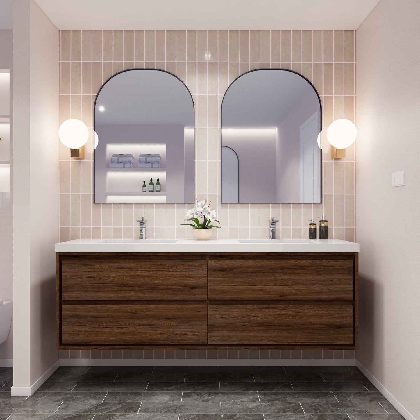 Saggia 72" Floating Vanity with Double Sink Set in Rosewood