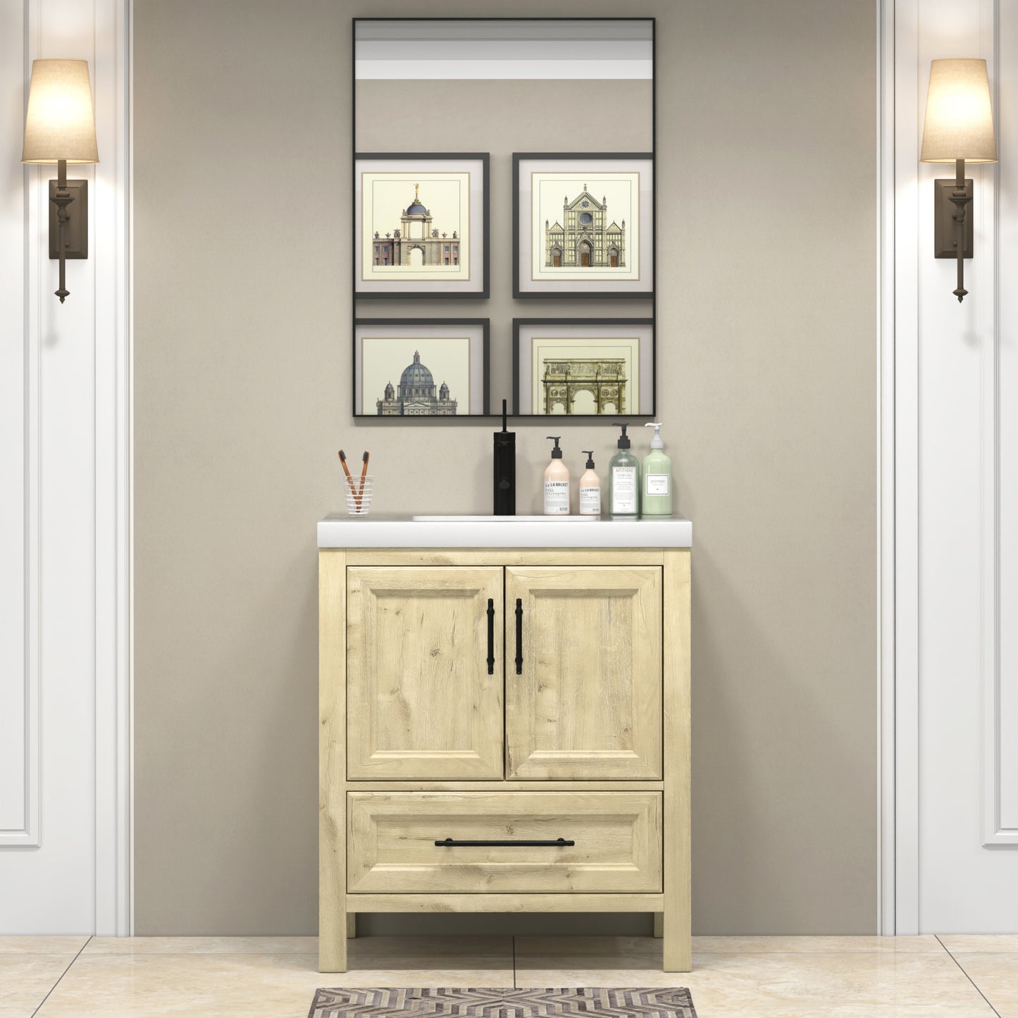 VIV 30 Inch Freestanding Solid Wood Bathroom Vanity in French Oak