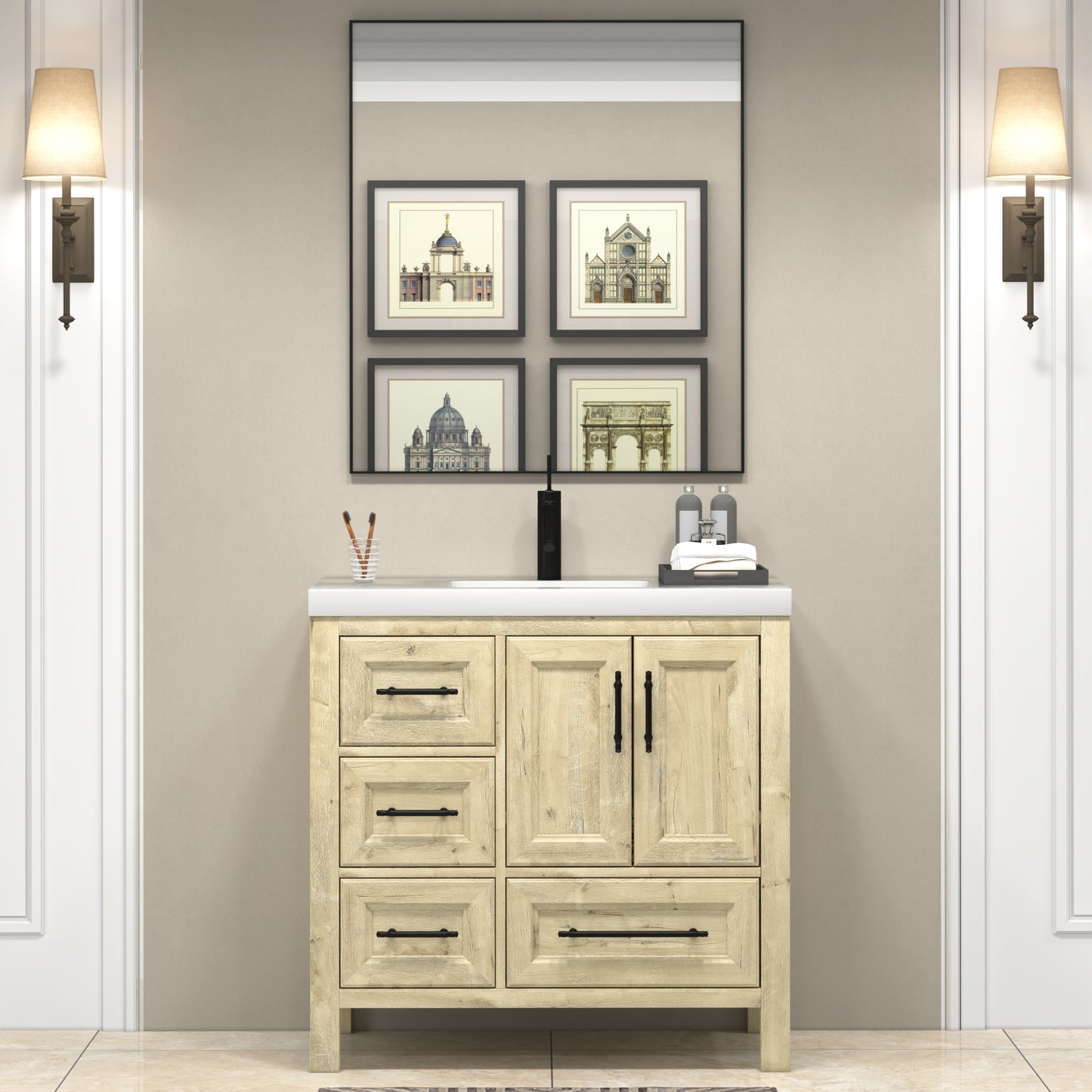 VIV 36 Inch Freestanding Solid Wood Bathroom Vanity in French Oak with Single Sink Acrylic Sink Set