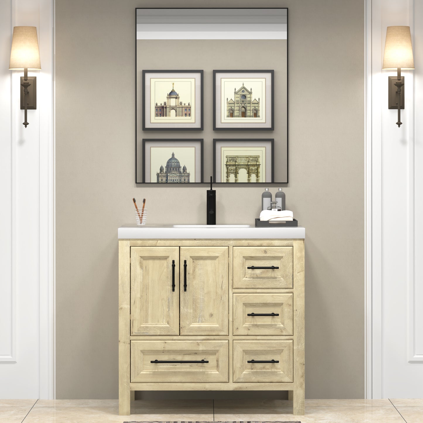 VIV 36 Inch Freestanding Solid Wood Bathroom Vanity in French Oak with Single Sink Acrylic Sink Set