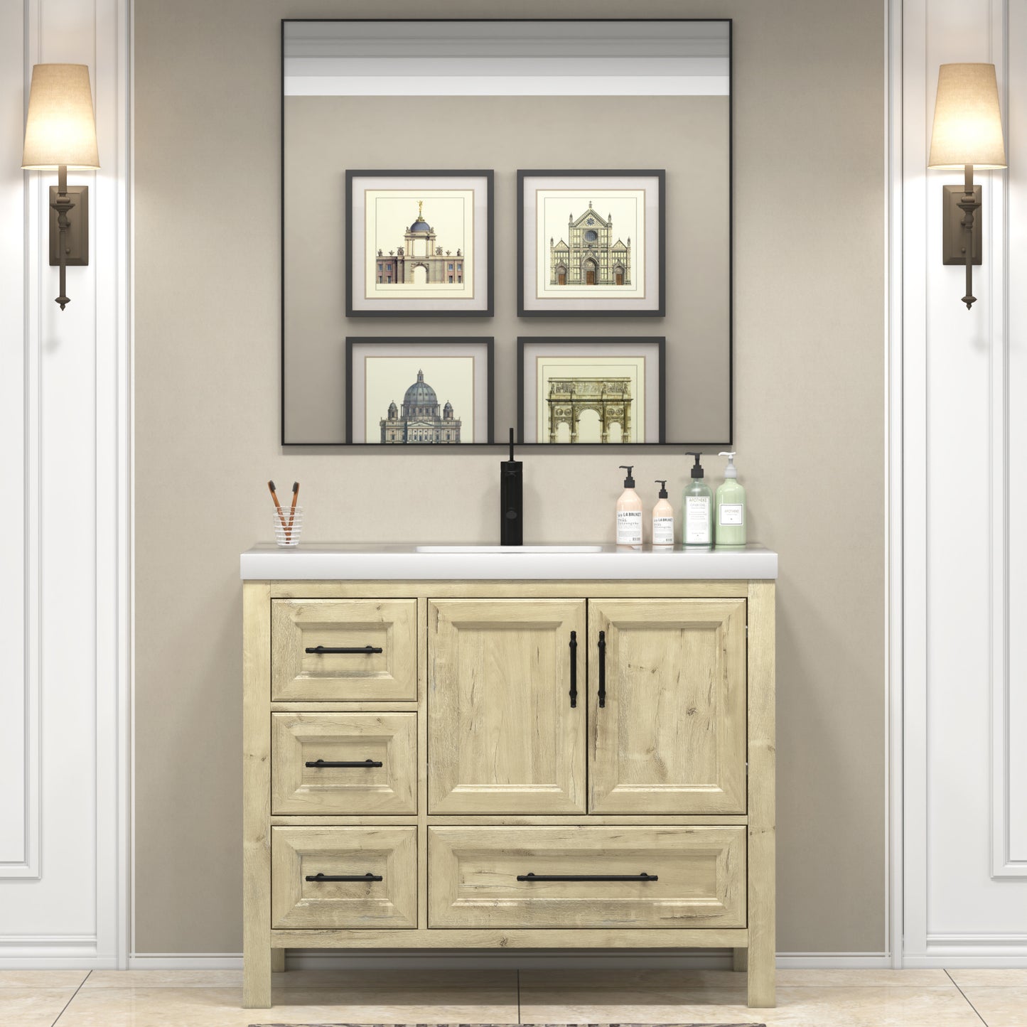 VIV 42 Inch Freestanding Solid Wood Bathroom Vanity in French Oak with Single Sink Acrylic Sink Set