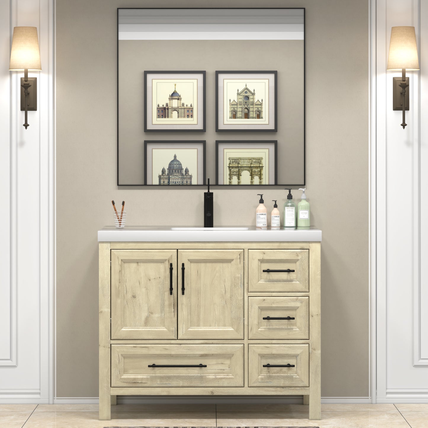 VIV 42 Inch Freestanding Solid Wood Bathroom Vanity in French Oak with Single Sink Acrylic Sink Set