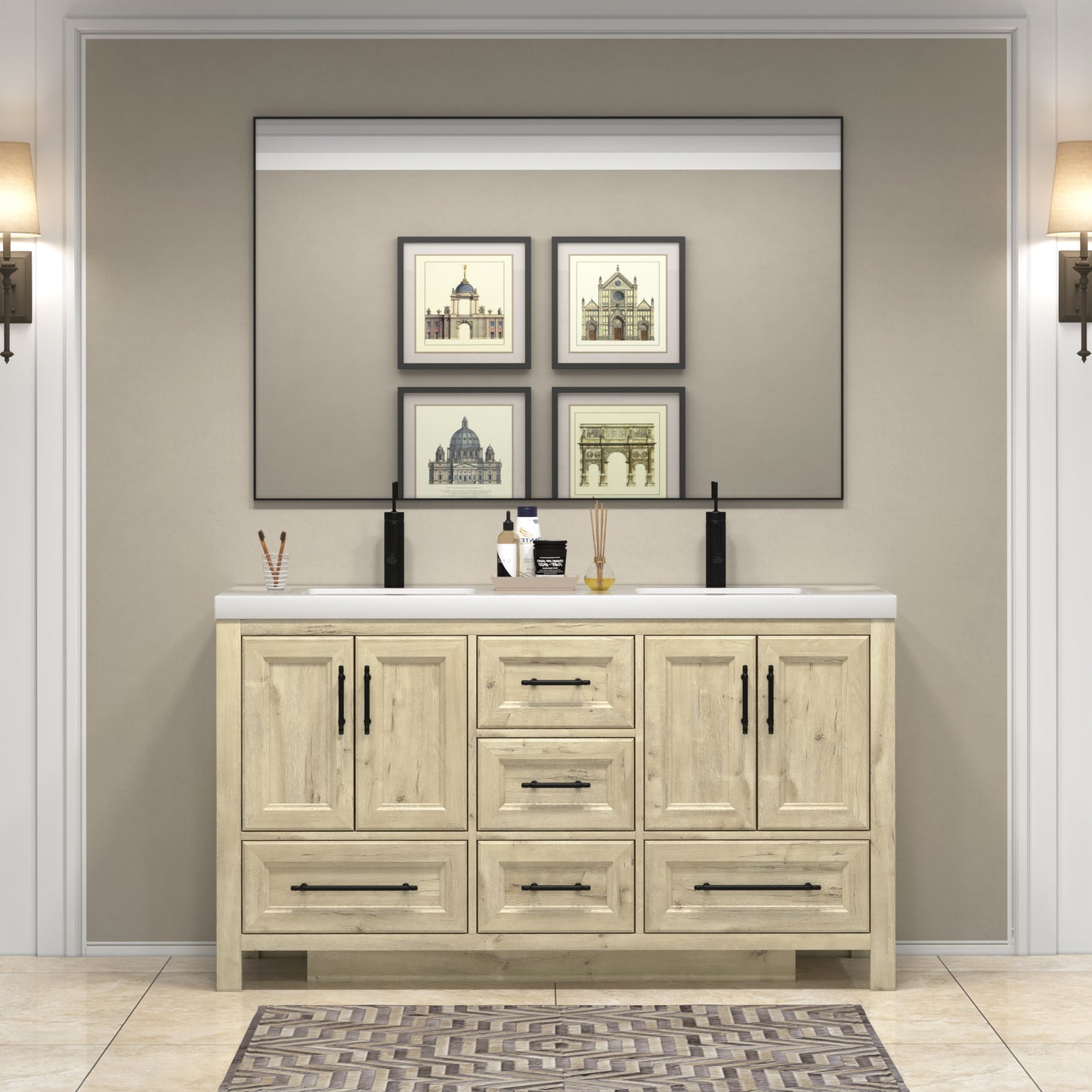 VIV 60 Inch Freestanding Solid Wood Bathroom Vanity in French Oak with Double Sink Set
