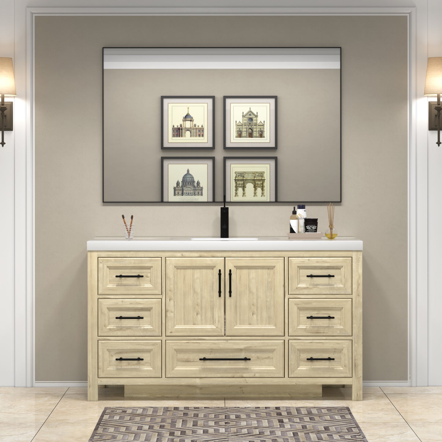 VIV 60 Inch Freestanding Solid Wood Bathroom Vanity in French Oak with Single Acrylic Sink Set