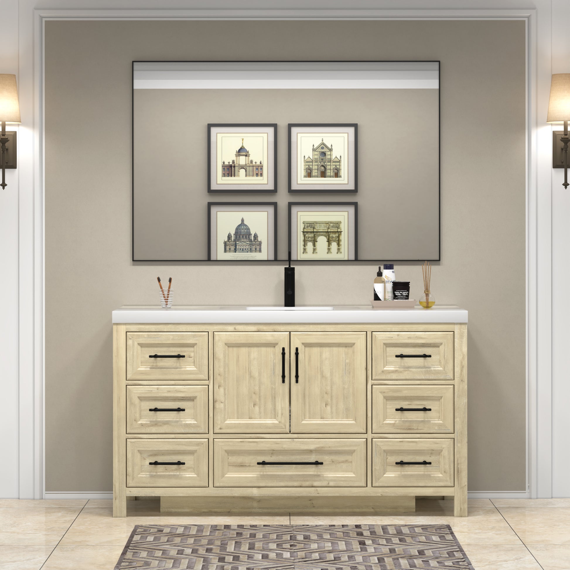 Viv 60 Inch Solid Wood Freestanding Bathroom Vanity in French Oak