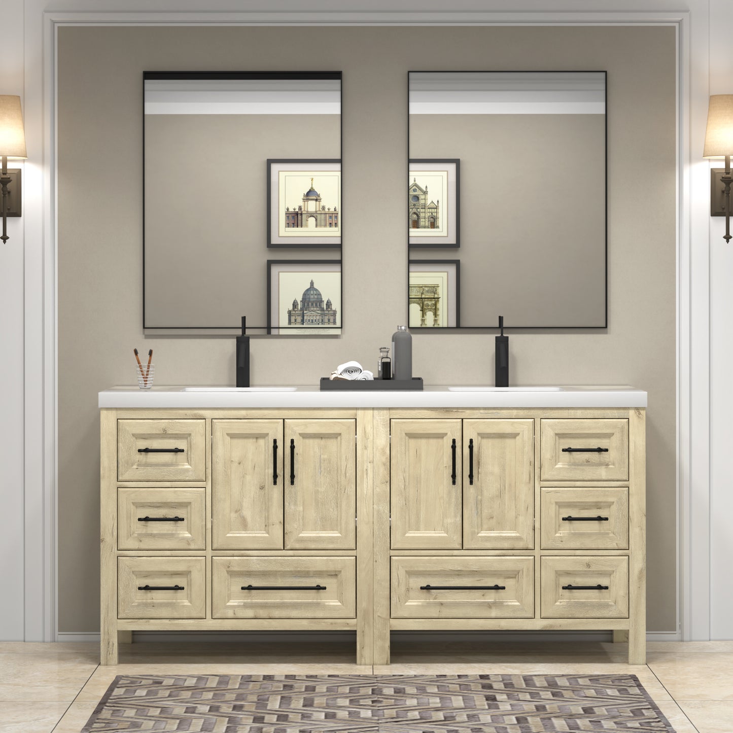 VIV 72 Inch Freestanding Solid Wood Bathroom Vanity in French Oak with Double Sink Acrylic Sink Set