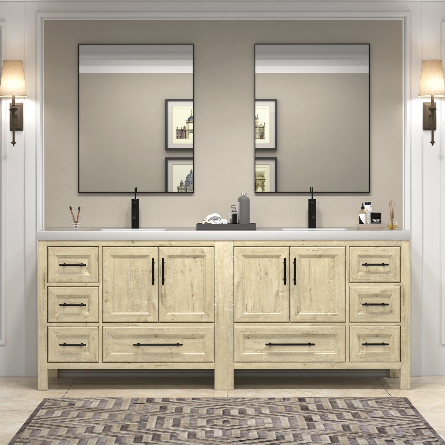 VIV 84 Inch Freestanding Solid Wood Bathroom Vanity in French Oak with Double Sink Acrylic Sink Set
