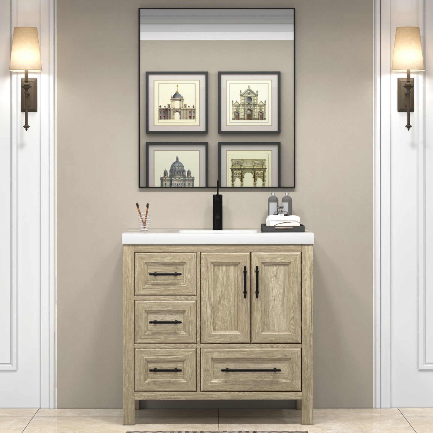 VIV 36 Inch Freestanding Solid Wood Bathroom Vanity in White Oak with Single Sink Acrylic Sink Set