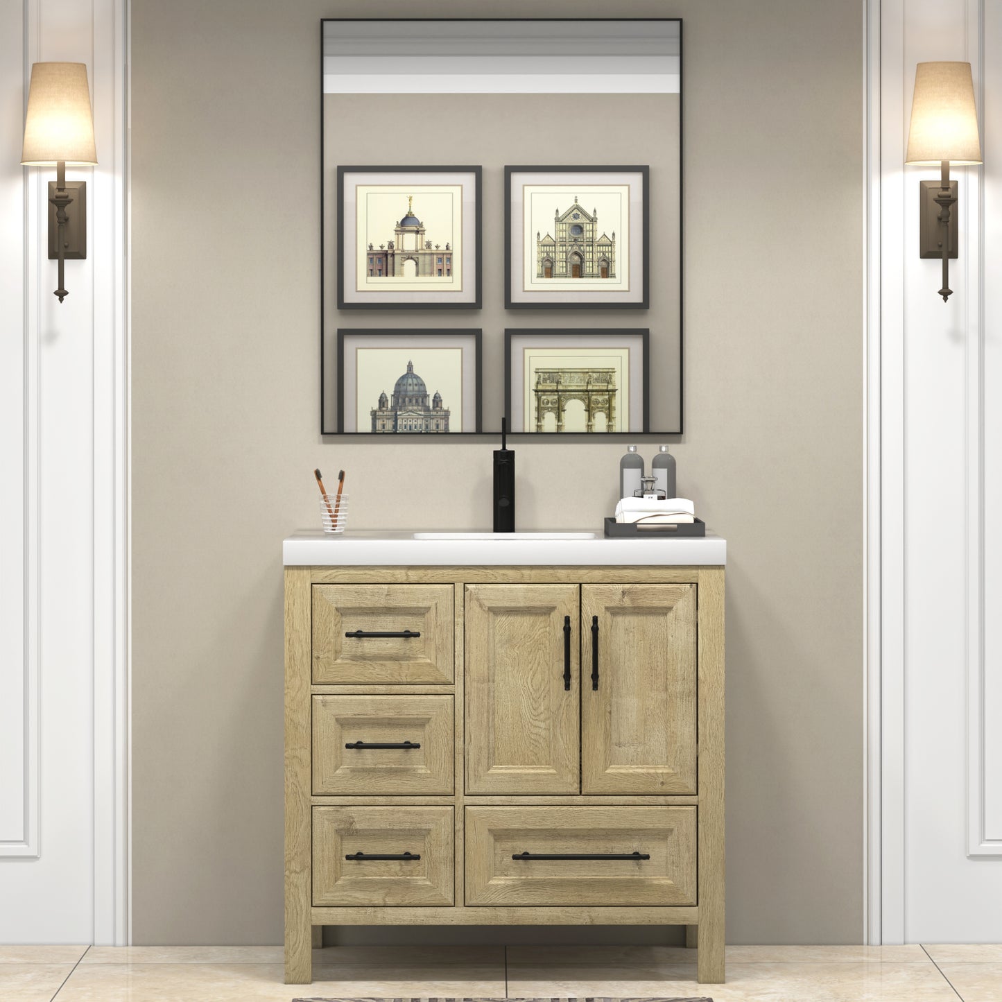 VIV 36 Inch Freestanding Solid Wood Bathroom Vanity in White Oak with Single Sink Acrylic Sink Set