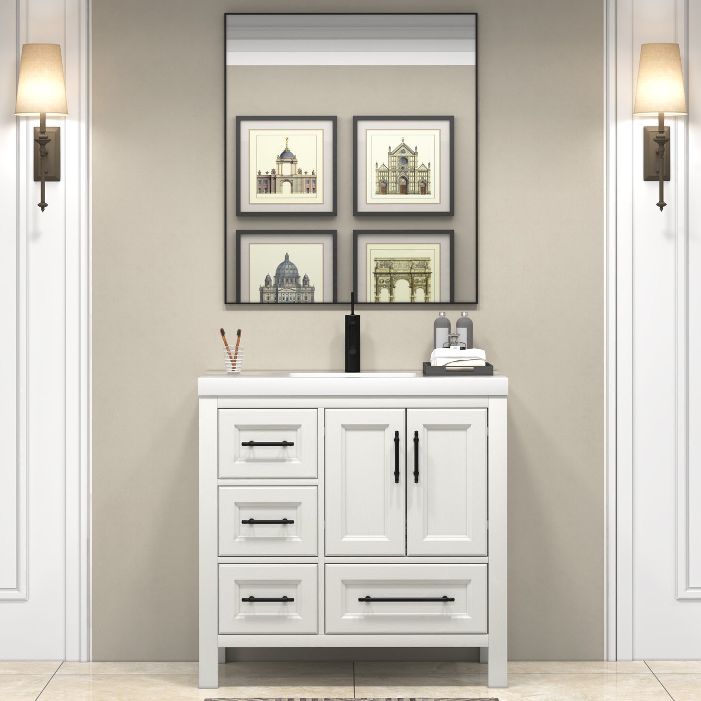 VIV 36 Inch Freestanding Solid Wood Bathroom Vanity in Matte White with Single Sink Acrylic Sink Set