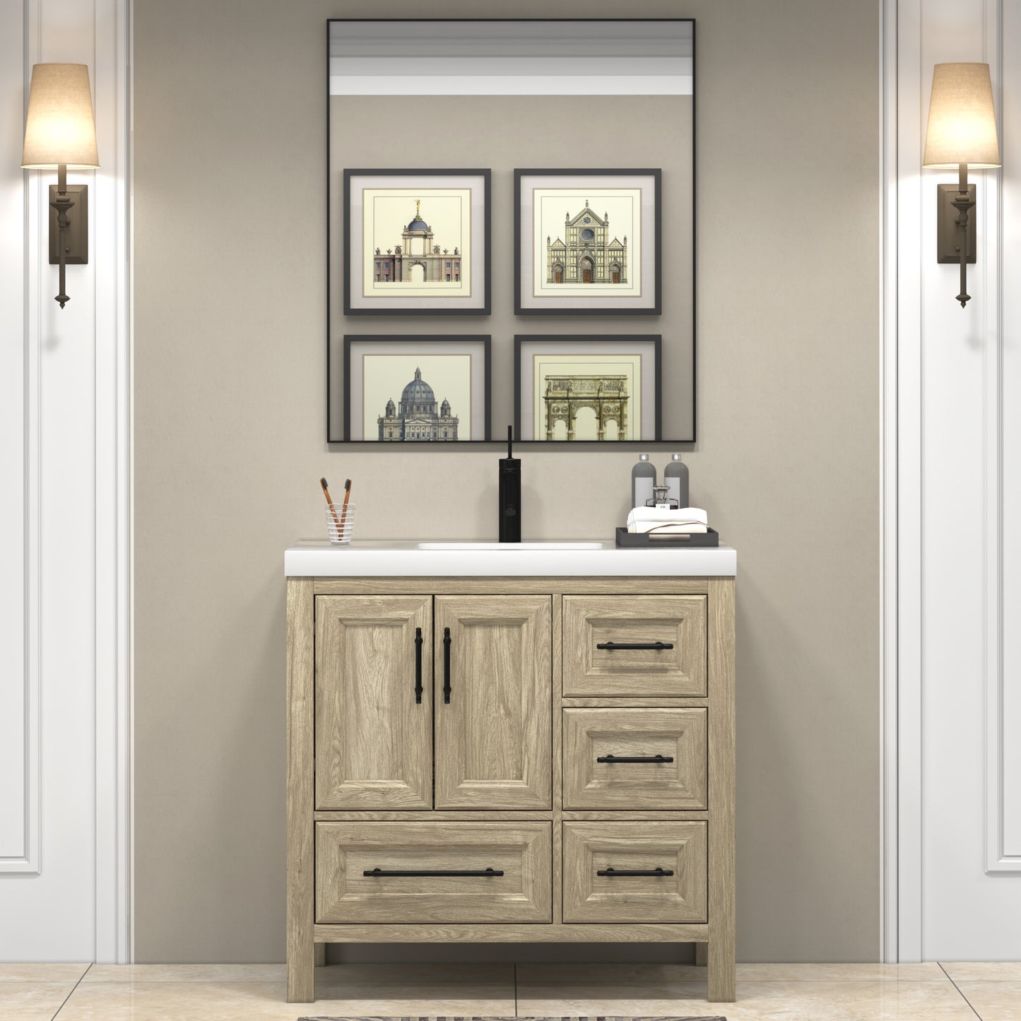 VIV 36 Inch Freestanding Solid Wood Bathroom Vanity in White Oak with Single Sink Acrylic Sink Set