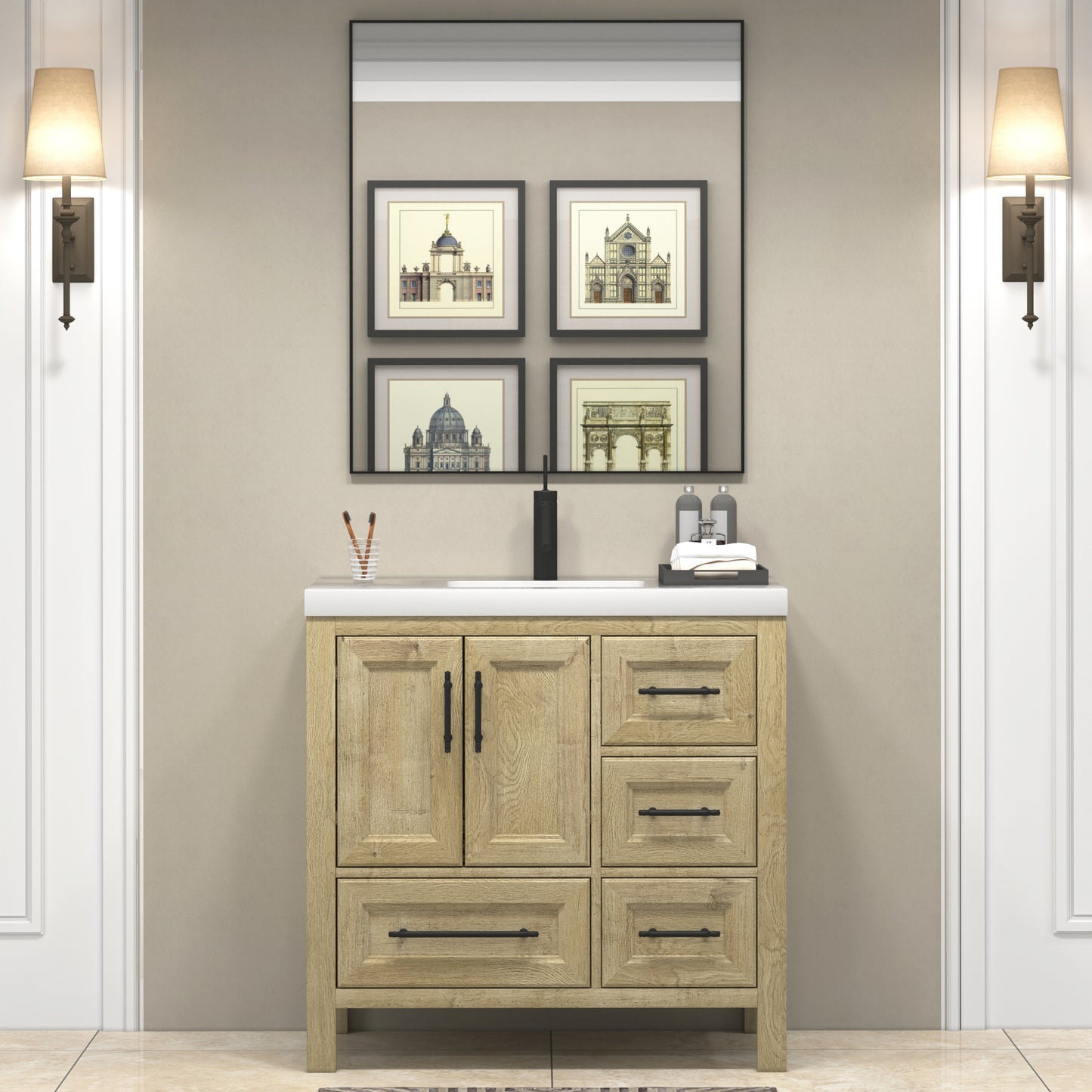 VIV 36 Inch Freestanding Solid Wood Bathroom Vanity in Oak with Single Sink Acrylic Sink Set