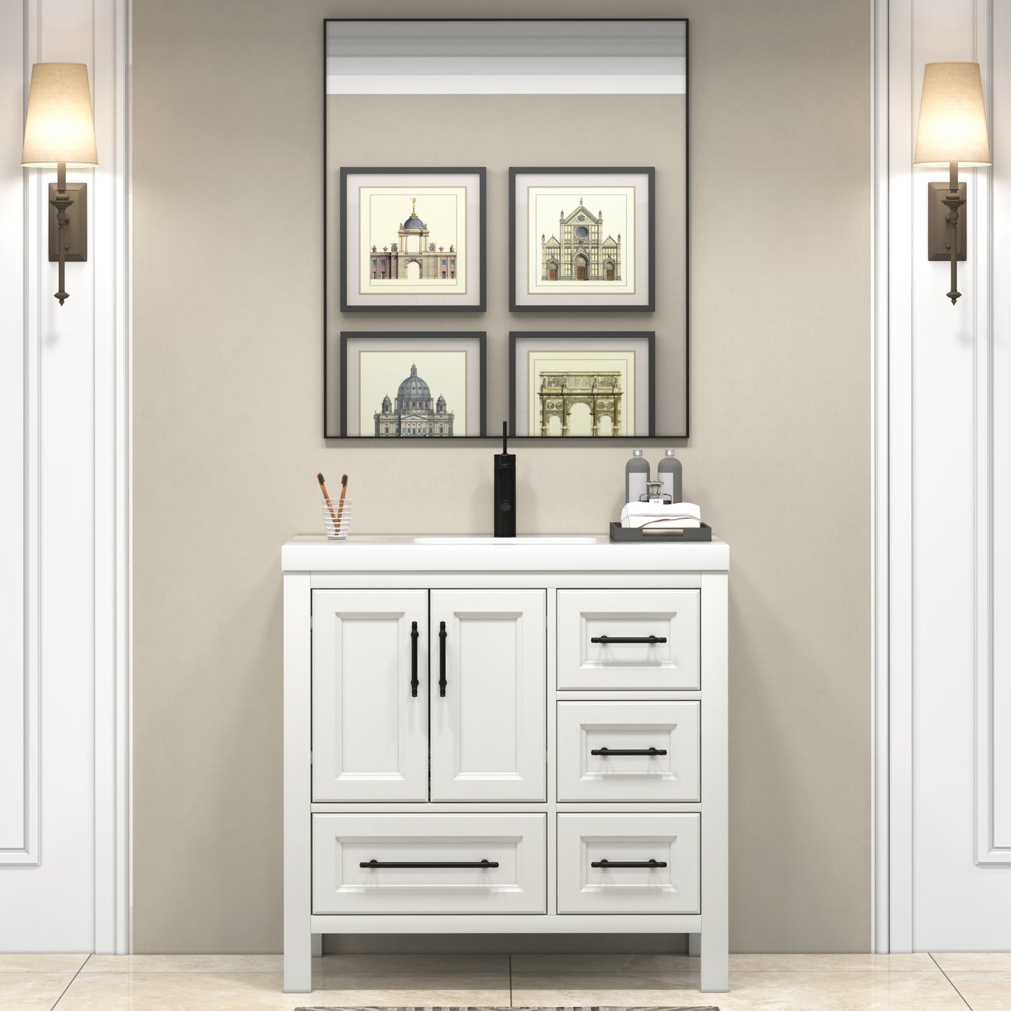 VIV 36 Inch Freestanding Solid Wood Bathroom Vanity in Matte White Oak with Single Sink Acrylic Sink Set