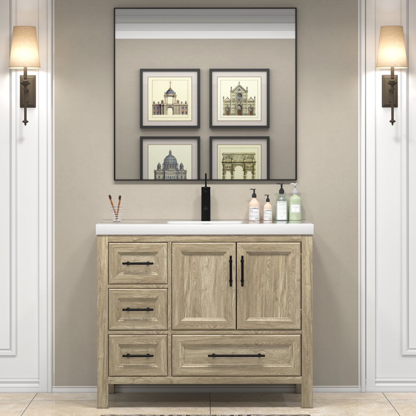VIV 42 Inch Freestanding Solid Wood Bathroom Vanity in White Oak with Single Sink Acrylic Sink Set