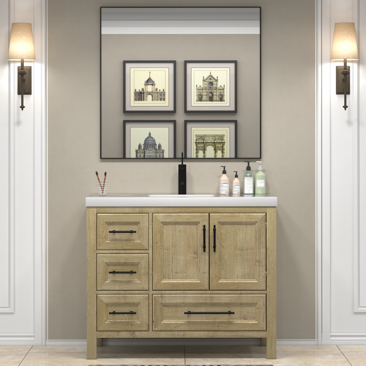 VIV 42 Inch Freestanding Solid Wood Bathroom Vanity in Oak with Single Sink Acrylic Sink Set