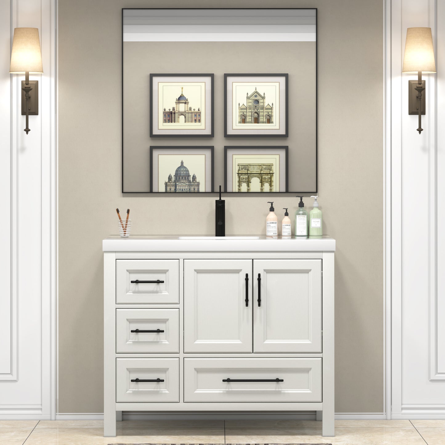 VIV 42 Inch Freestanding Solid Wood Bathroom Vanity in Matte White with Single Sink Acrylic Sink Set