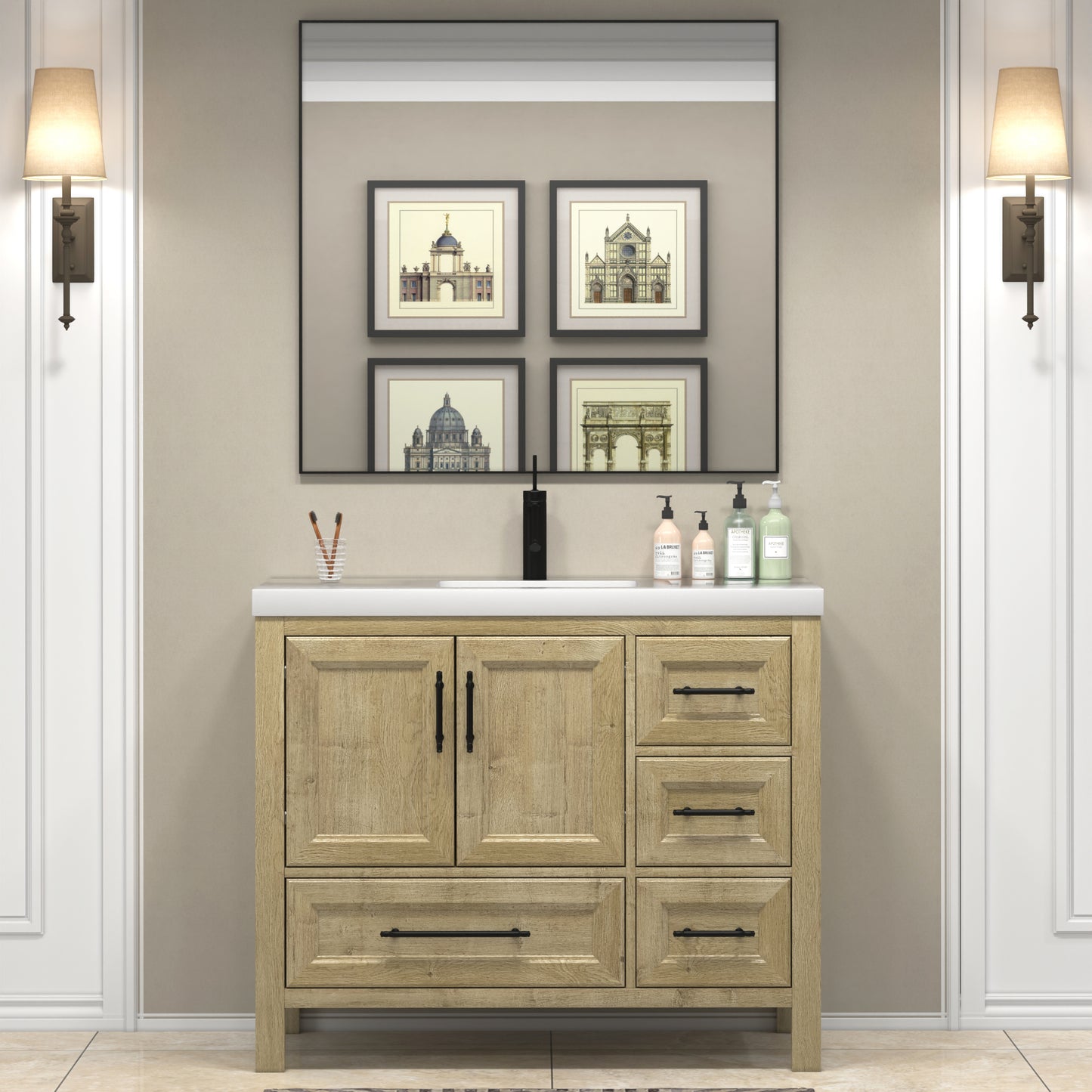 VIV 42 Inch Freestanding Solid Wood Bathroom Vanity in Oak with Single Sink Acrylic Sink Set