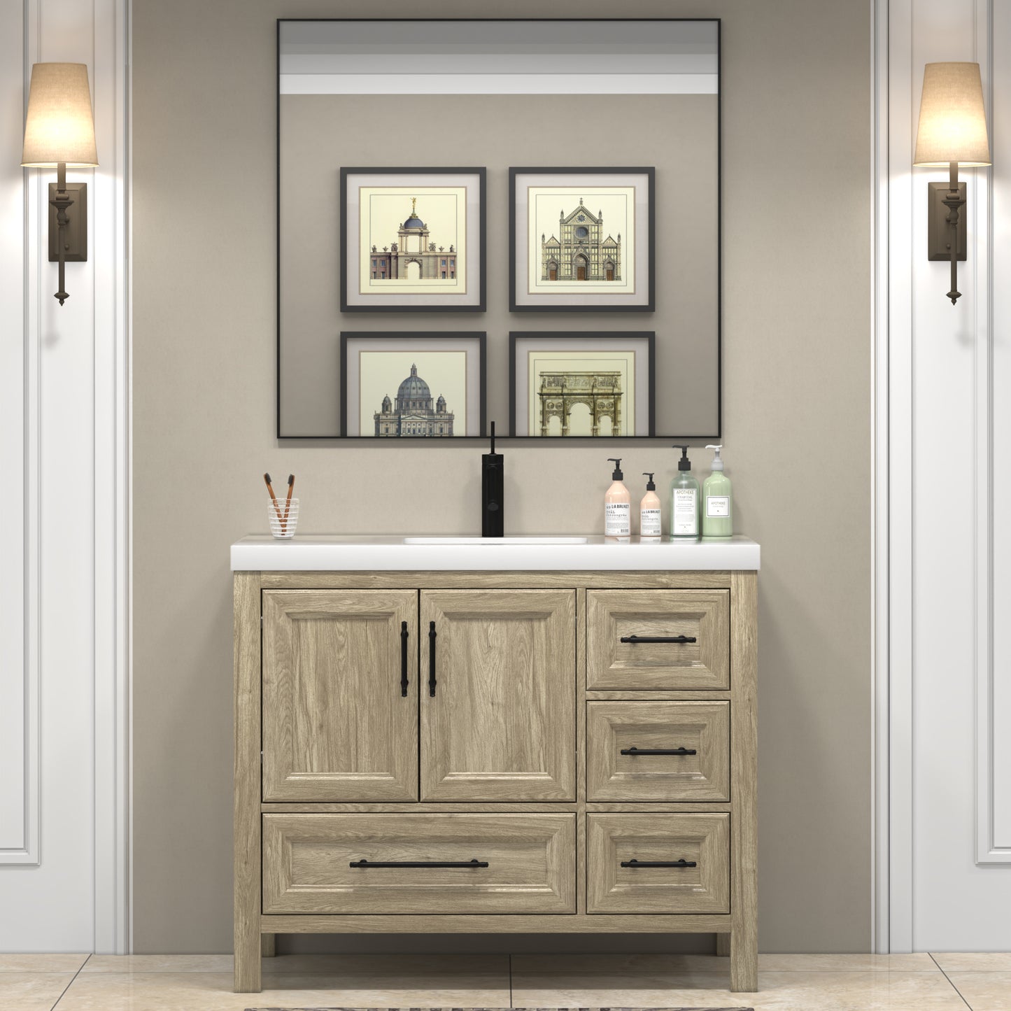 VIV 42 Inch Freestanding Solid Wood Bathroom Vanity in White Oak with Single Sink Acrylic Sink Set